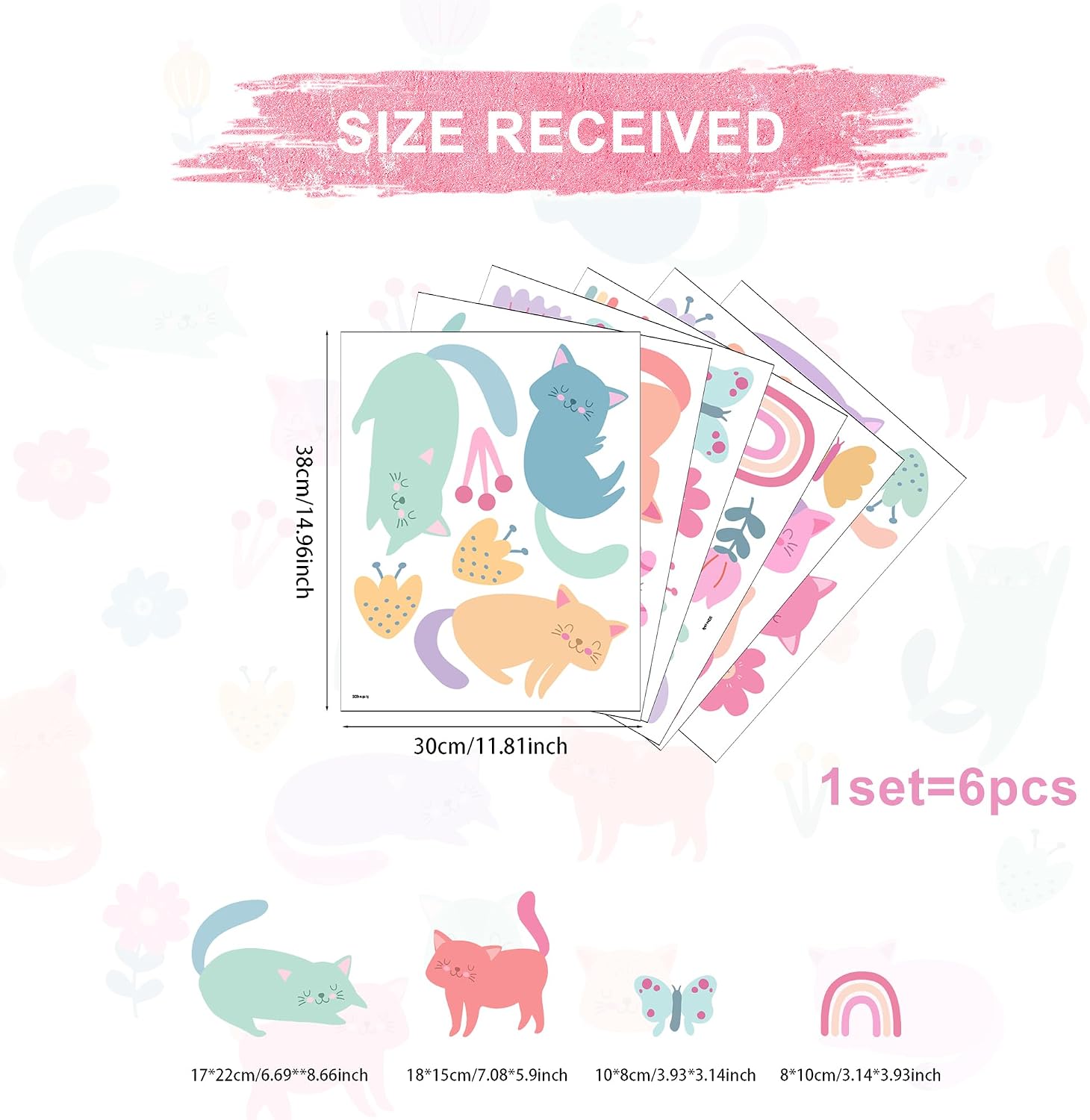 Cat Wall Decals / Colorful Pet Cat Butterfly Rainbow Decal