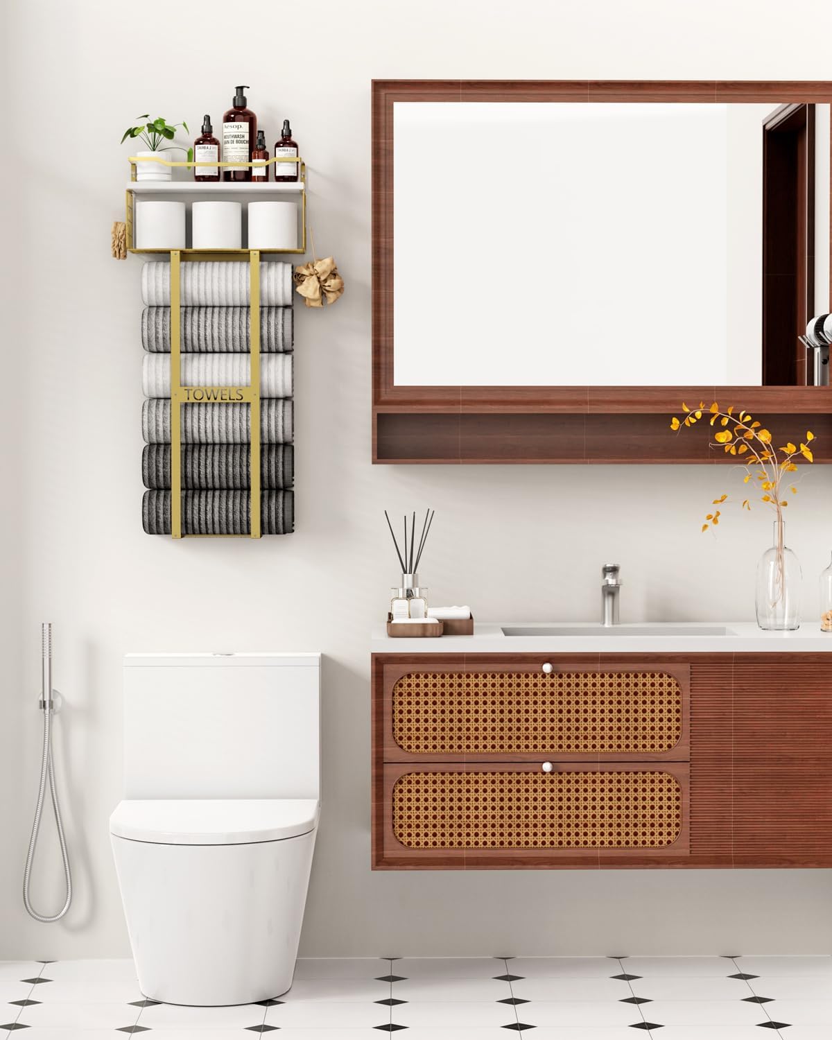 Aetyord Towel Racks for Bathroom - Wall Mounted Metal Rack with Wood Plank, Bathroom Storage Organizer, Towel Holder