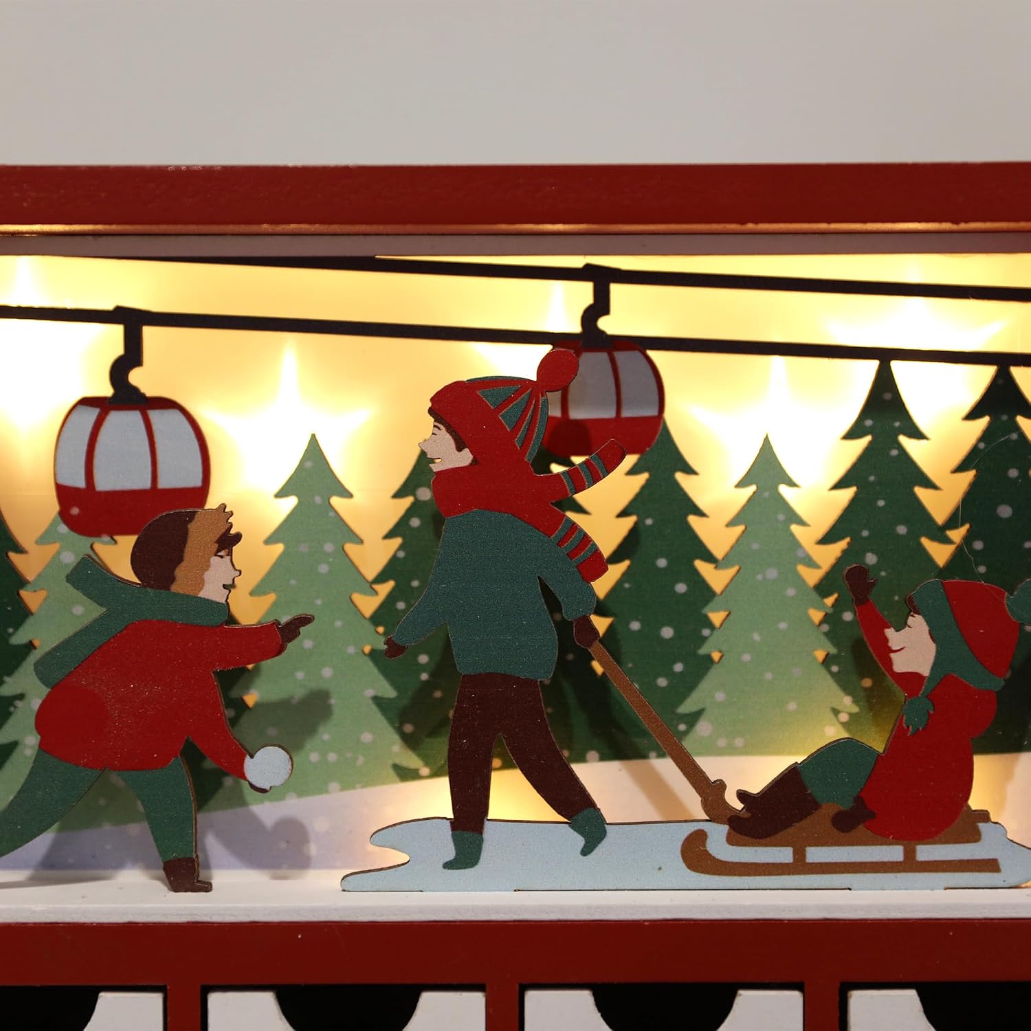 Christmas Wooden Advent Calendar Book with LED lighting Red Color Christmas Skiing Scenes Countdown Holiday Gifts with