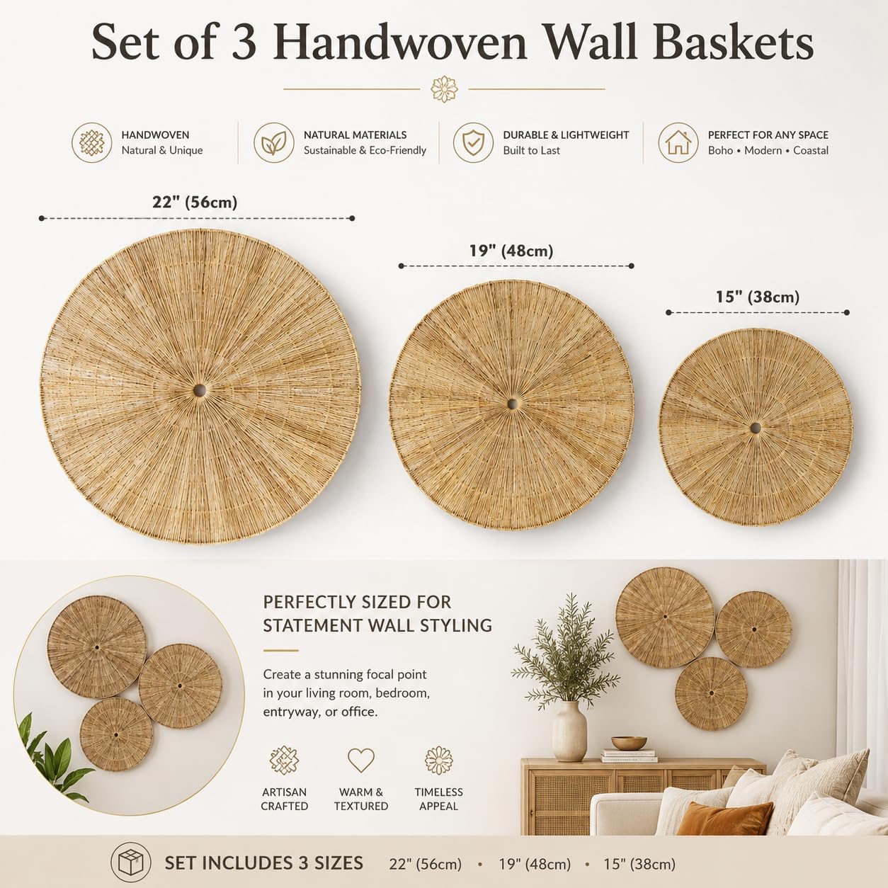 Handwoven Wicker Wall Hanging Baskets / Set of 3