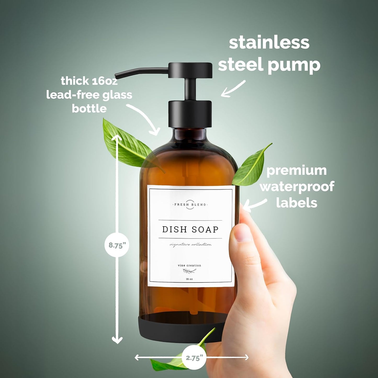 Vine Creations Amber Glass Soap Dispenser Set - Kitchen Soap Dispenser Set with Stainless Steel Pump - 16 oz Dish Soap