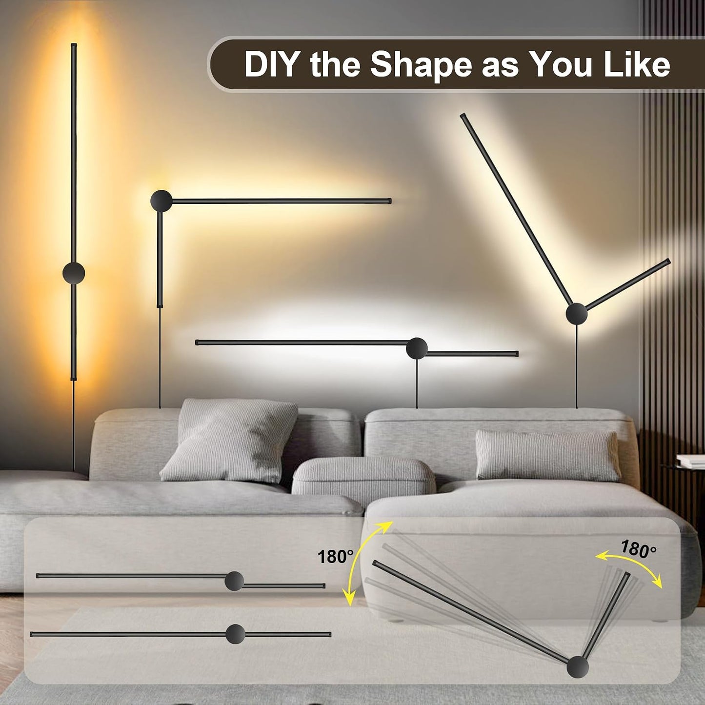 GOODATE Wall Sconces Set of Two with Remote, Stepless Colors 3000K-6500K & Stepless Dimming, Hardwire or Plug-in, 180°
