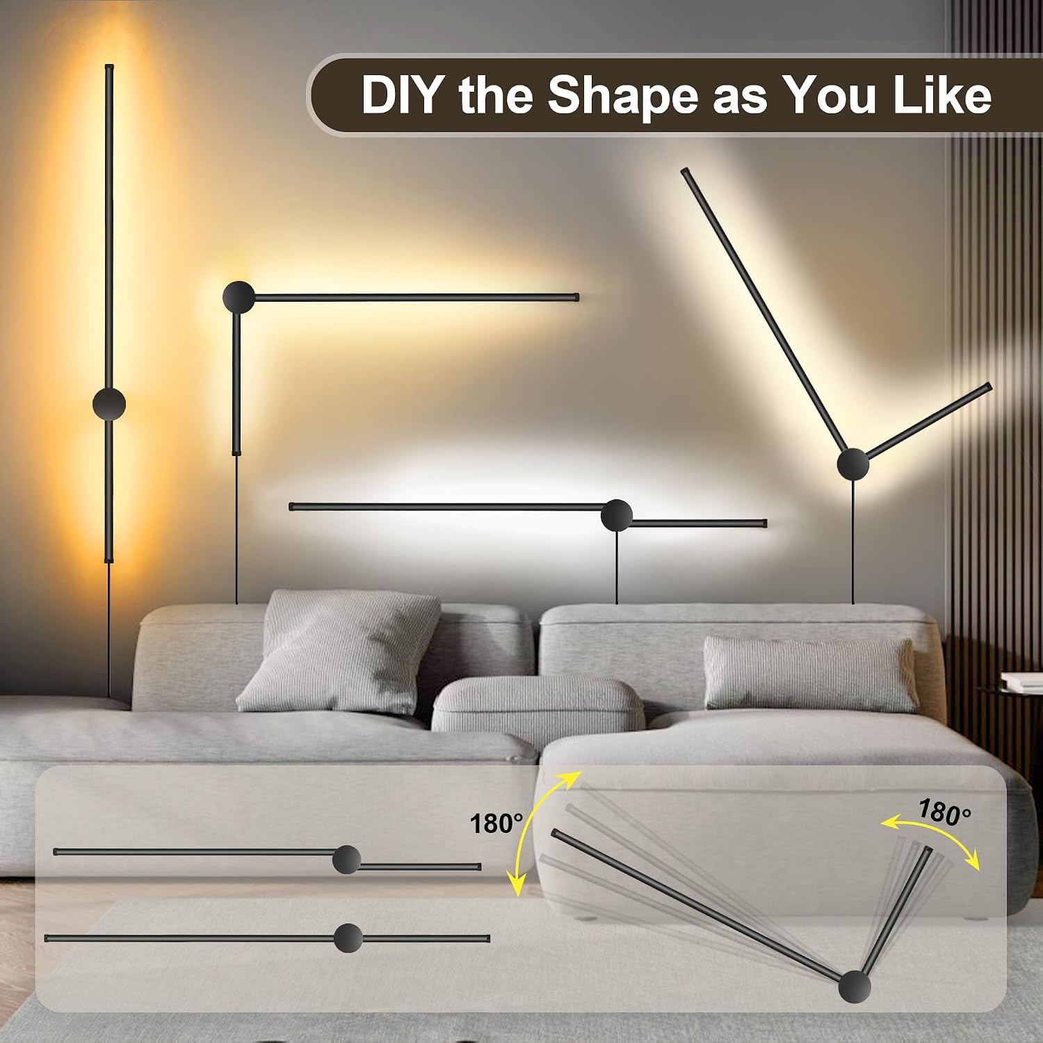 GOODATE Wall Sconces Set of Two with Remote, Stepless Colors 3000K-6500K & Stepless Dimming, Hardwire or Plug-in, 180°