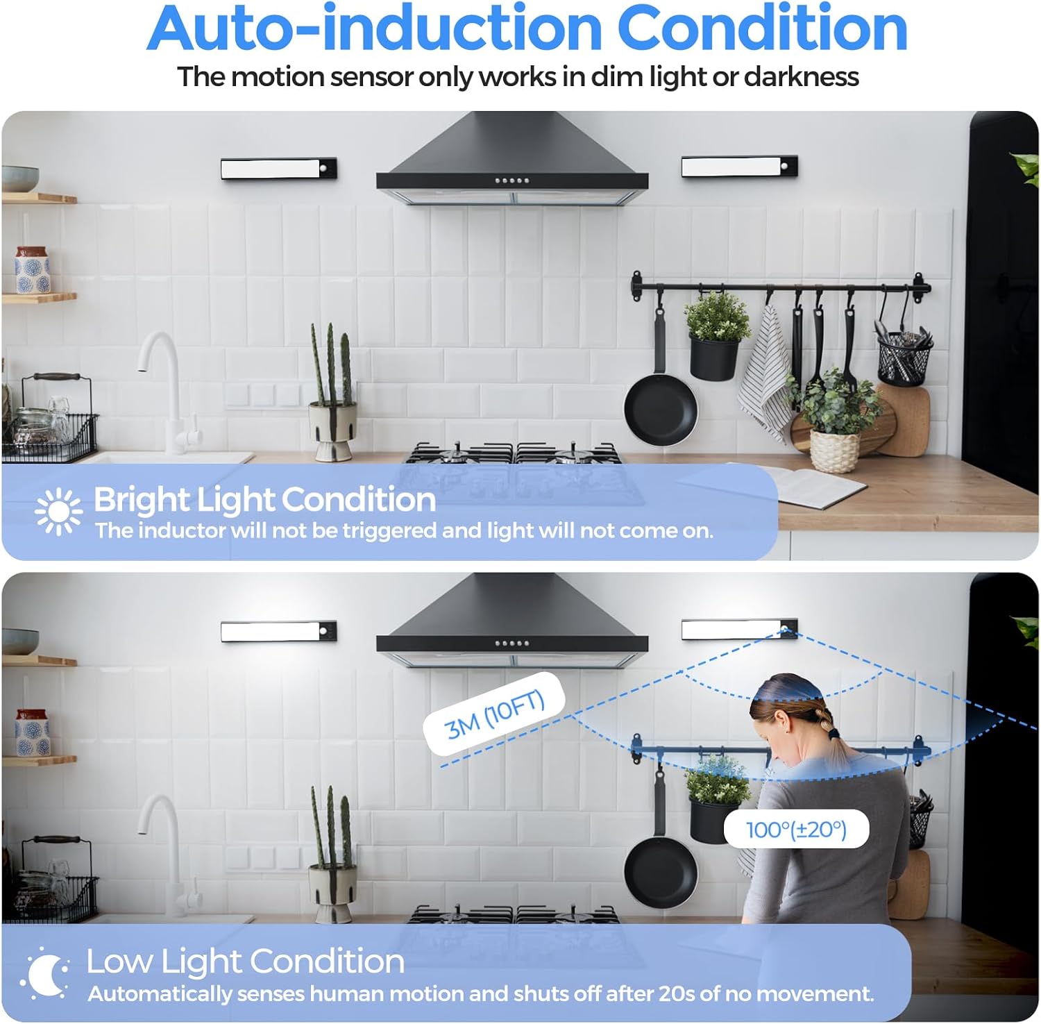 3 Pack Under Cabinet Lights, 32 LED Cold White Rechargeable Under Cabinet Lighting Motion Sensor LED Lights for