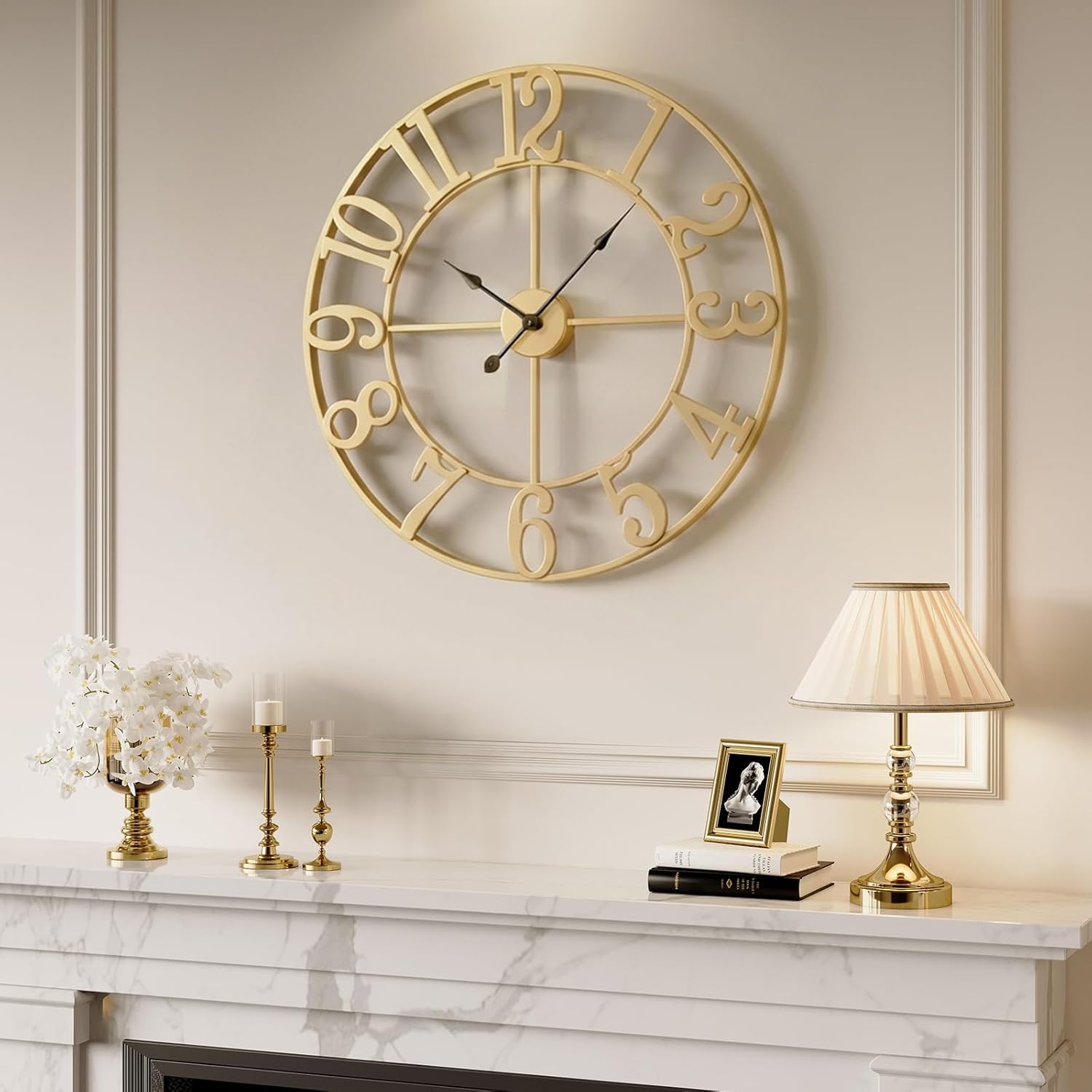 Cuspin Gold Wall Clock for Living Room Decor, 24 Inch Large Metal Clock | Battery operated, Silent non ticking, metal