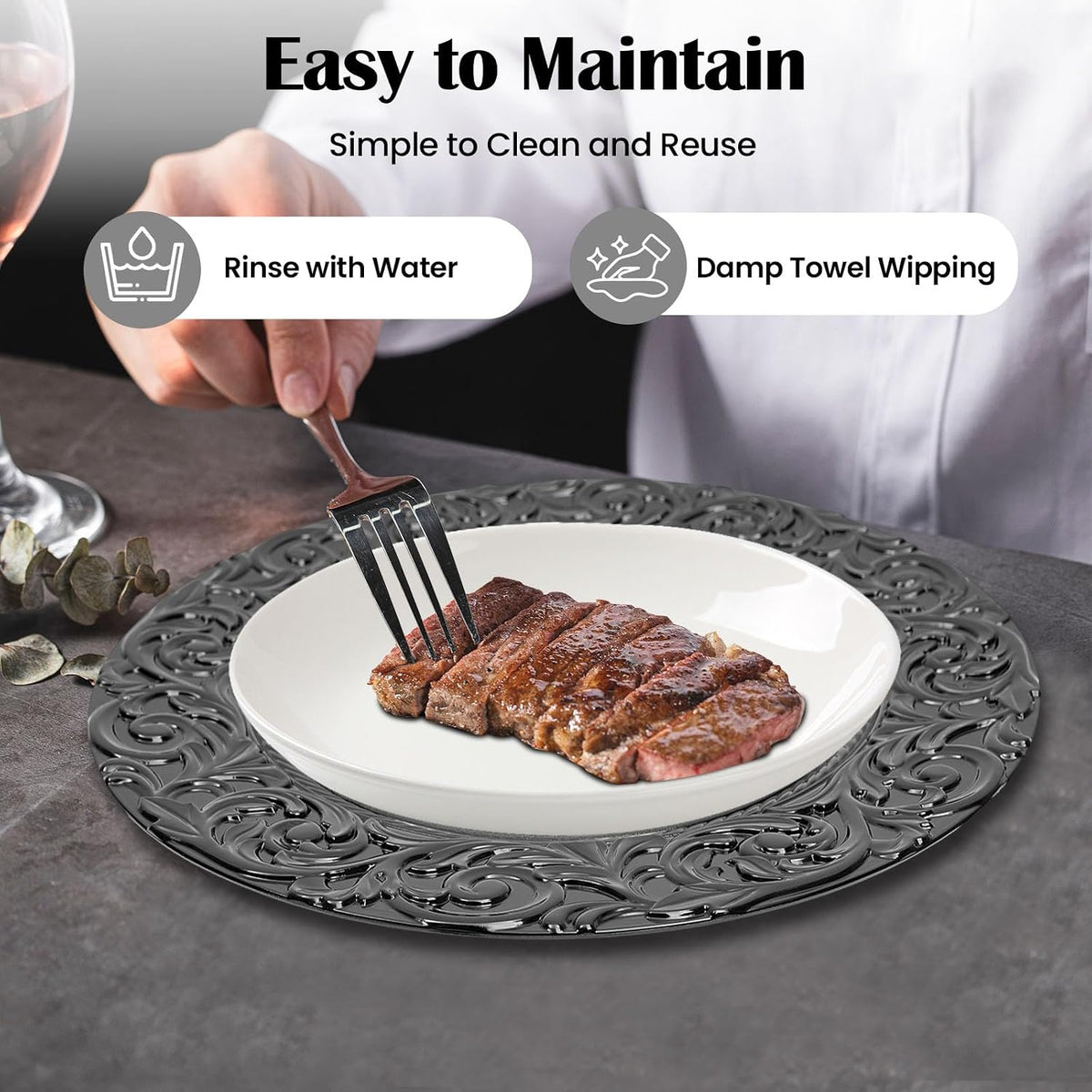 Black Charger Plates Bulk 100 Pack 13 Inch Charger Plates | Plastic Embossed Dinner Plates Reusable Round Plates for