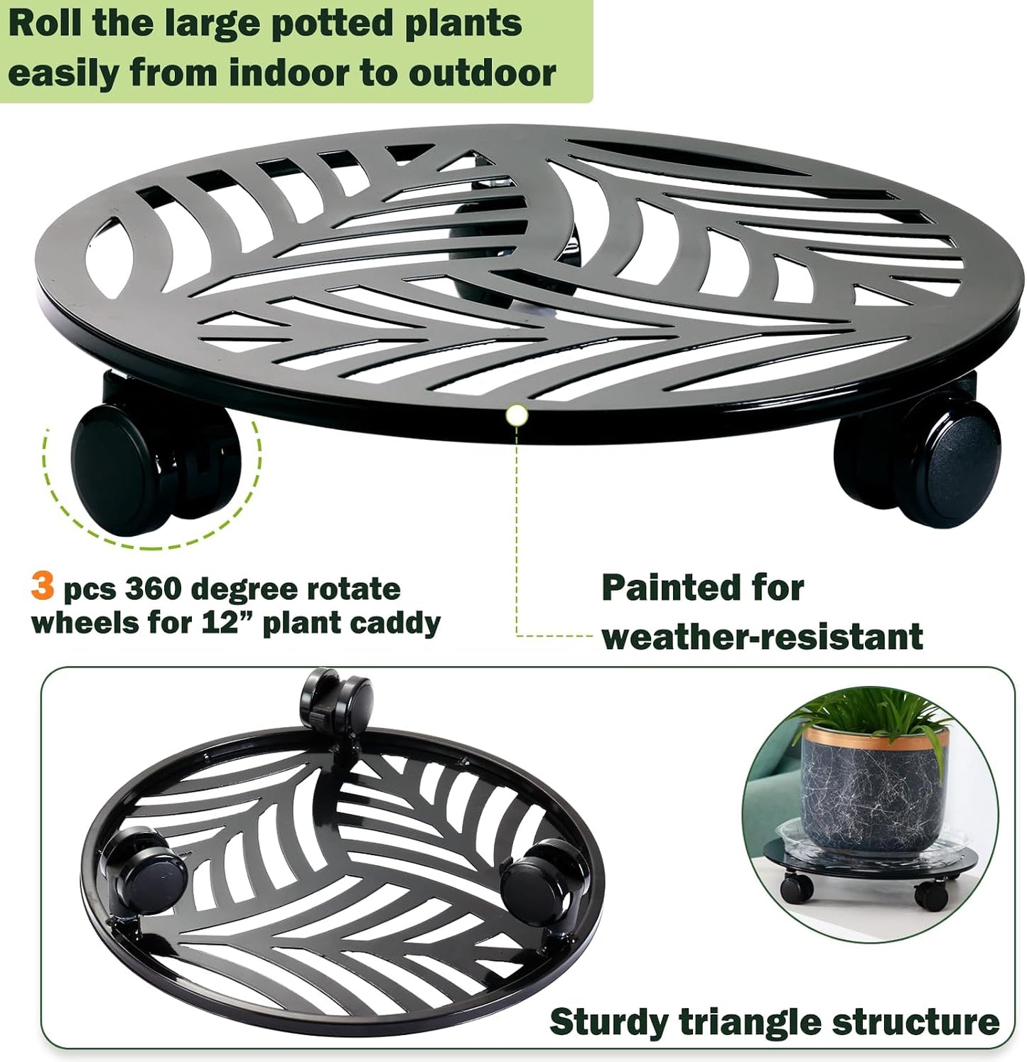 4 Packs Large Metal Plant Caddy with 3 PU Wheels 12" Heavy-Duty Wrought Iron Rolling Plant Stands Indoor Outdoor