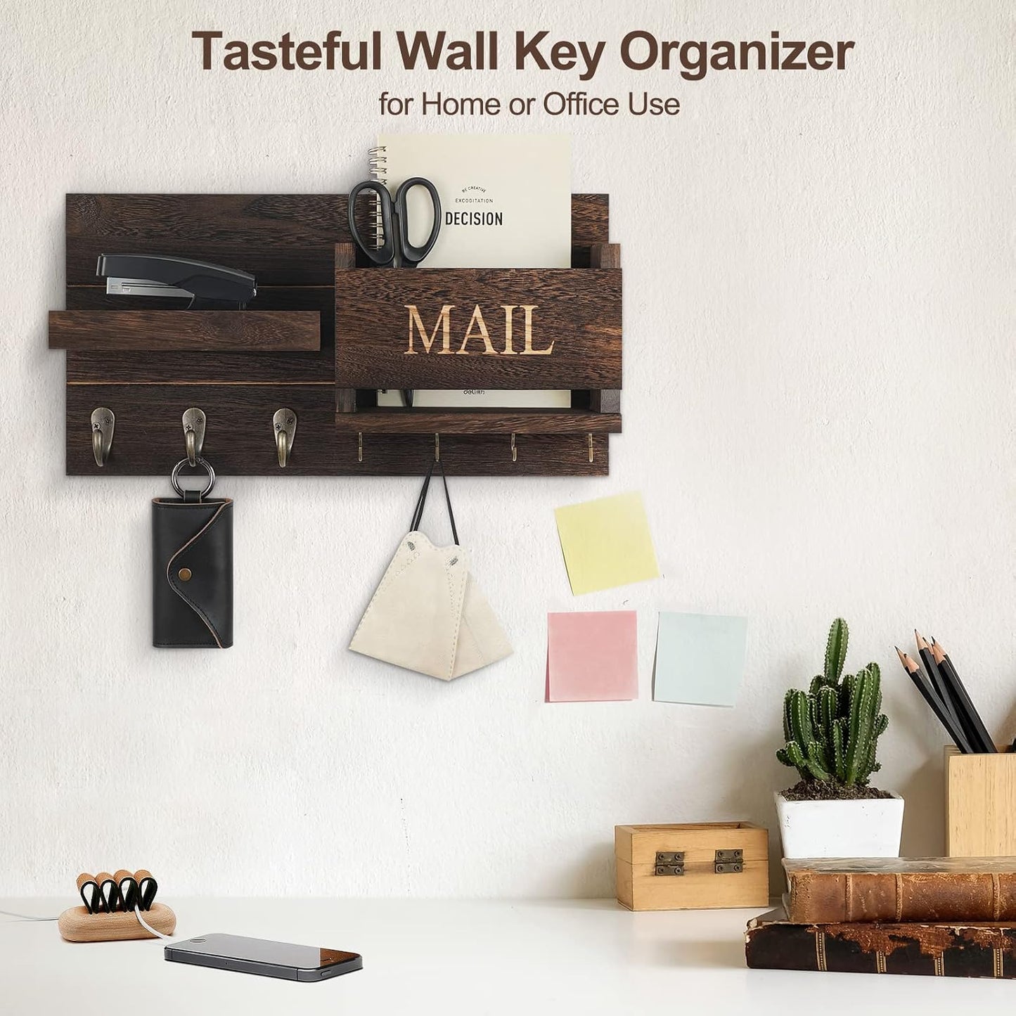 Shelf Includes Letter Holder and Hooks for Hallway Farmhouse / Brown