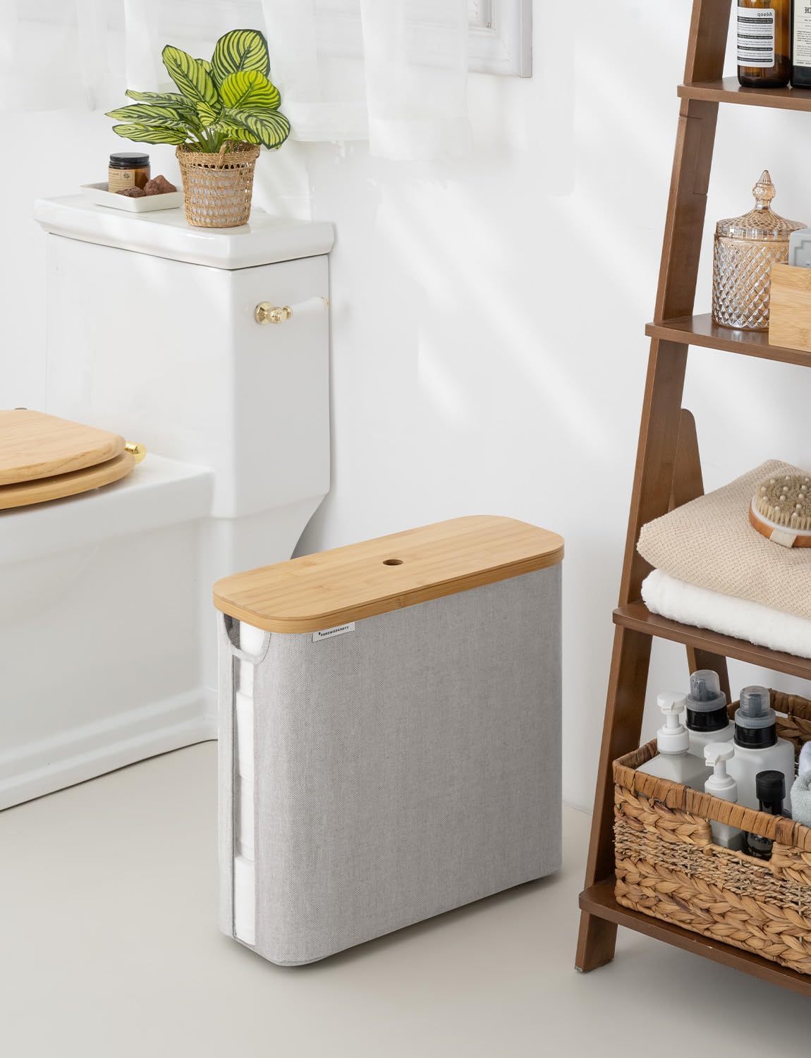 StorageWorks Toilet Paper Storage Basket with Bamboo Lid & Window | See Rolls at a Glance with Clear Window, Holds 16