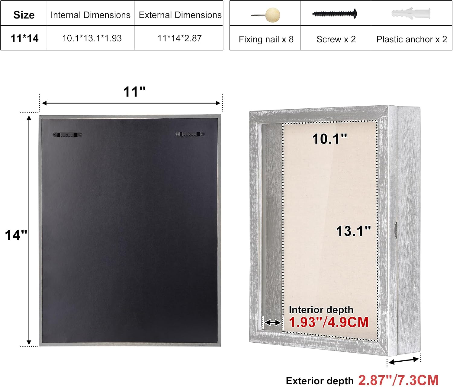 Love-KANKEI Deep Shadow Box 11x14,Solid Wood Frame,Memory Box,Rustic Grey | Front-Opening Glass Magnetic Door,Linen