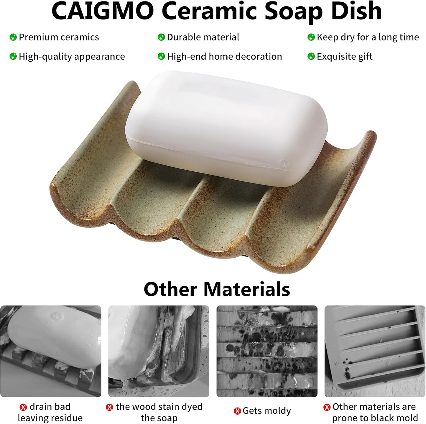 Draining Bar Soap Holder Tray / Ceramic Soap Dish Green