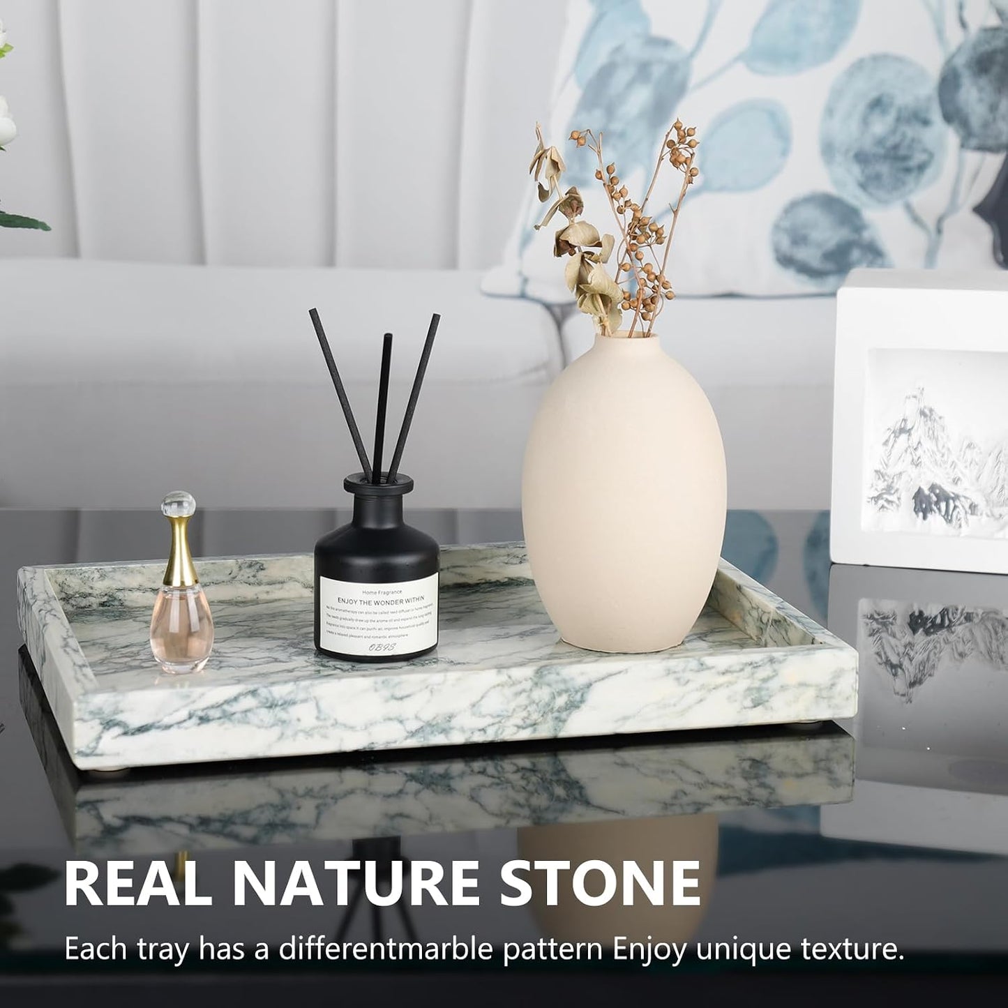 Real Natural Marble Tray / Cyan-green / 12 x 8 x 1.2