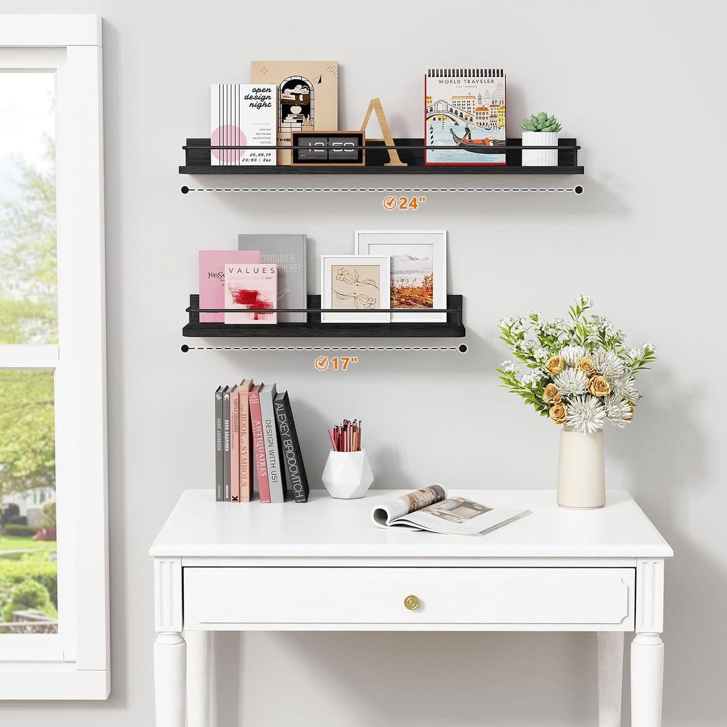 Forbena 24 Inch Wall Shelves for Bedroom 3-Pack, Black Floating Shelves with Rail, Vintage Large Floating Book Shelves