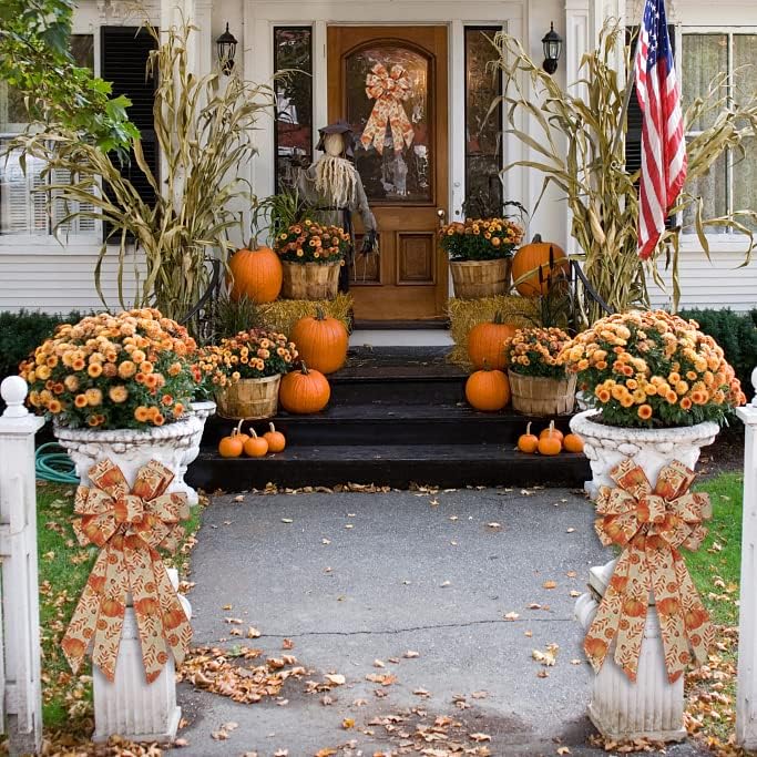 Large Fall Bows for Wreath, Thanksgiving Pumpkin Wreath With Autumn Leaves, Tree Topper Bow, Orange Burlap for Holiday Front Door, Fall Thanksgiving Decorations Supplies