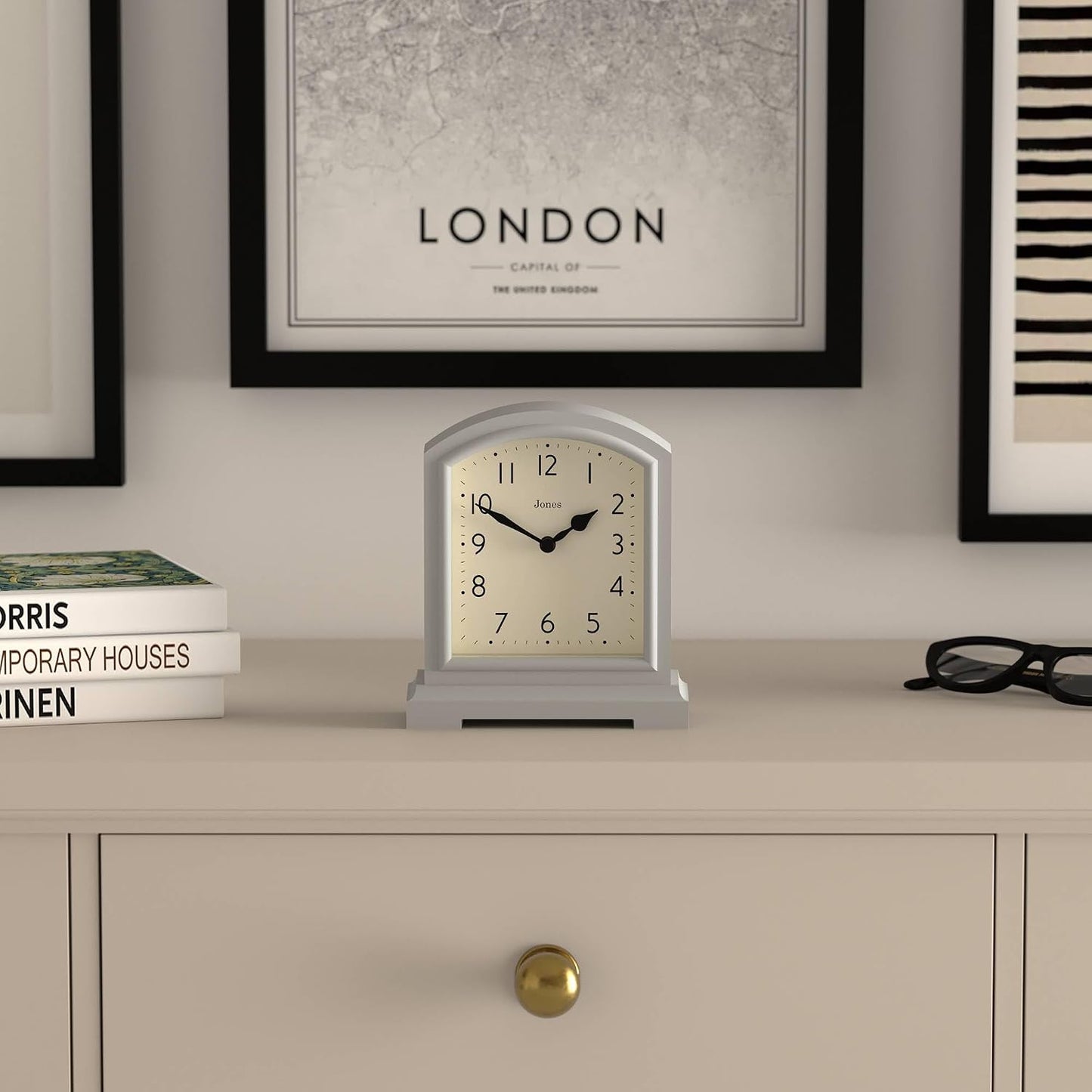 JONES CLOCKS® Tavern Mantel Clock | Modern Arch top Design | Pale Gray | Contemporary Classic Style for Desk, Table
