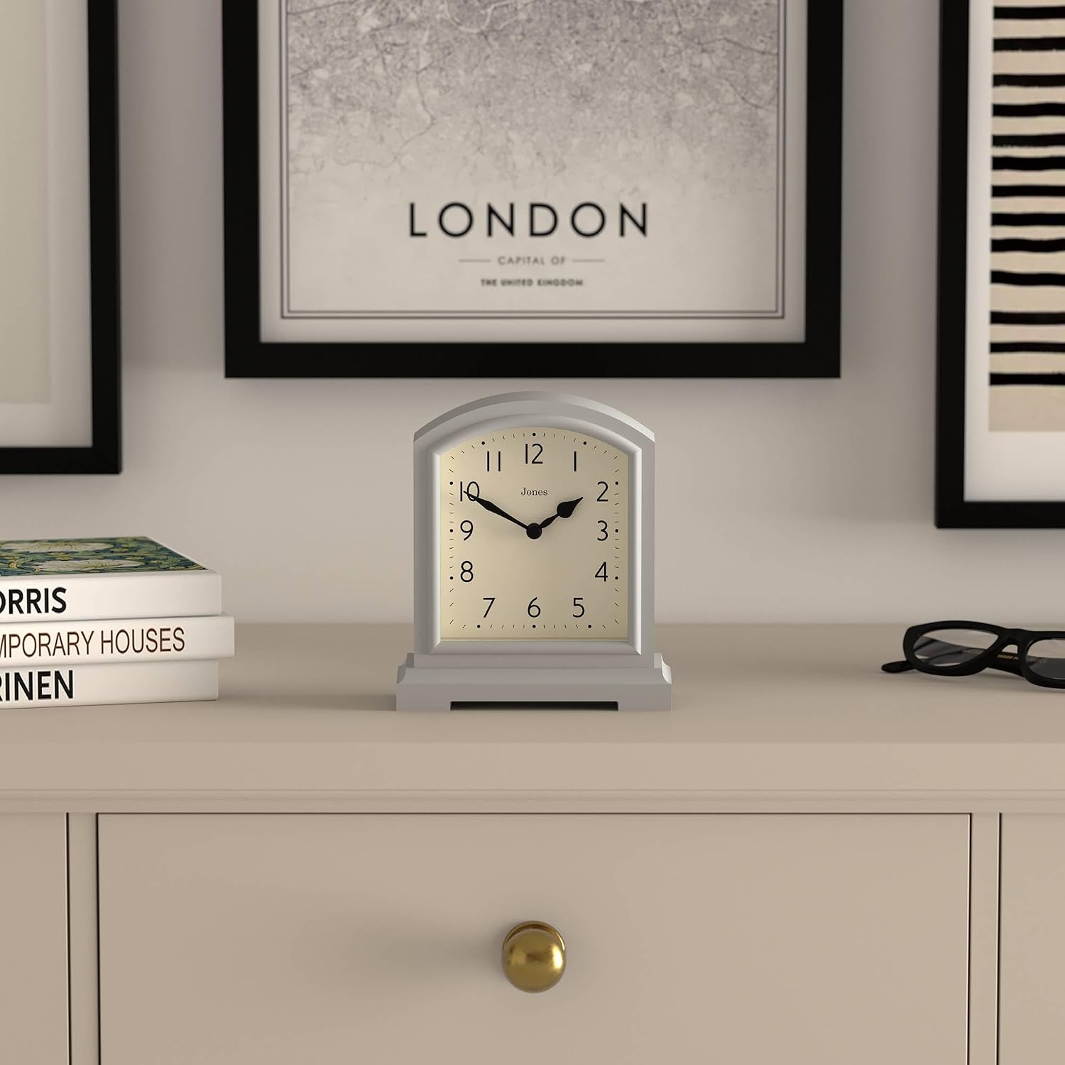 JONES CLOCKS® Tavern Mantel Clock | Modern Arch top Design | Pale Gray | Contemporary Classic Style for Desk, Table