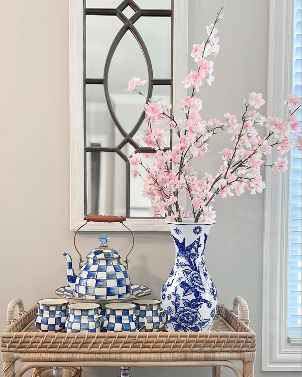 White Ceramic Vase / #birds & Floral Texture / Blue