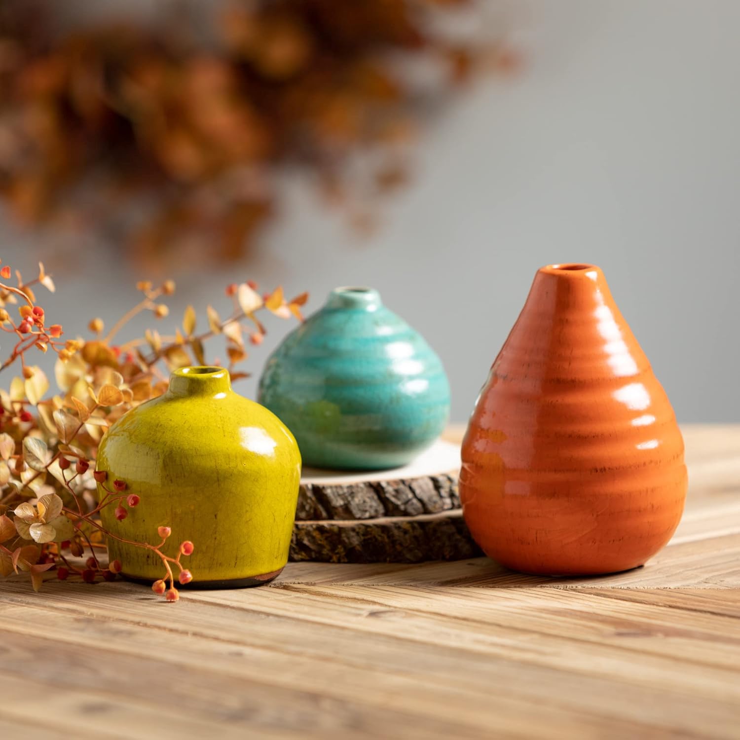 Ceramic Vase Set- 3 Small Vases / Aqua, Orange, Green / Set of 3