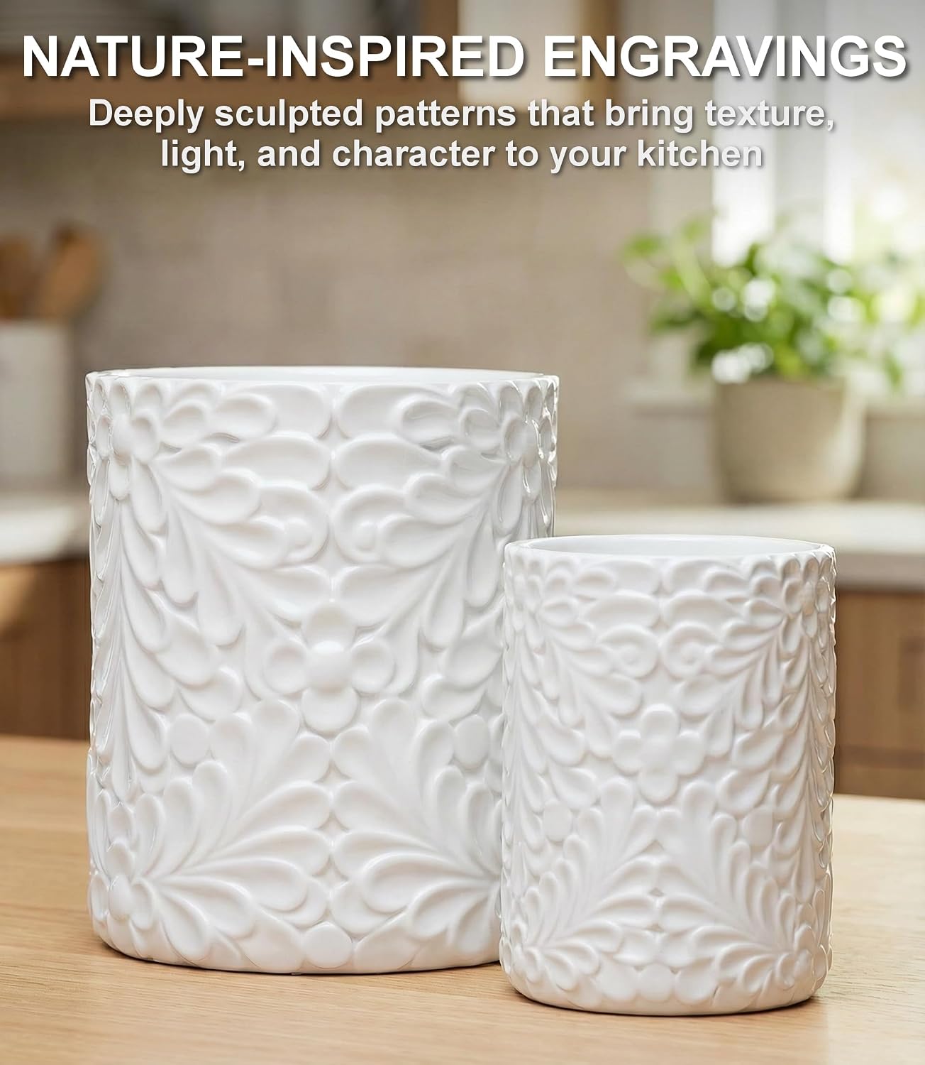 25DOL Large 7.3"+5.4" Engraved Ceramic Utensil Holder for Countertop, Cooking Utensils Organizer for Spatula, Large