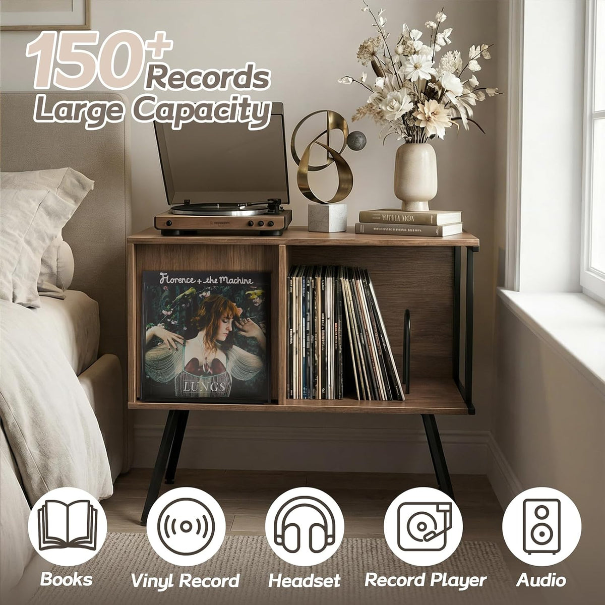 Faesun Record Player Stand with Flip-Down Record Shelf, Walnut | Vinyl Record Storage Holds up to 150+ Albums