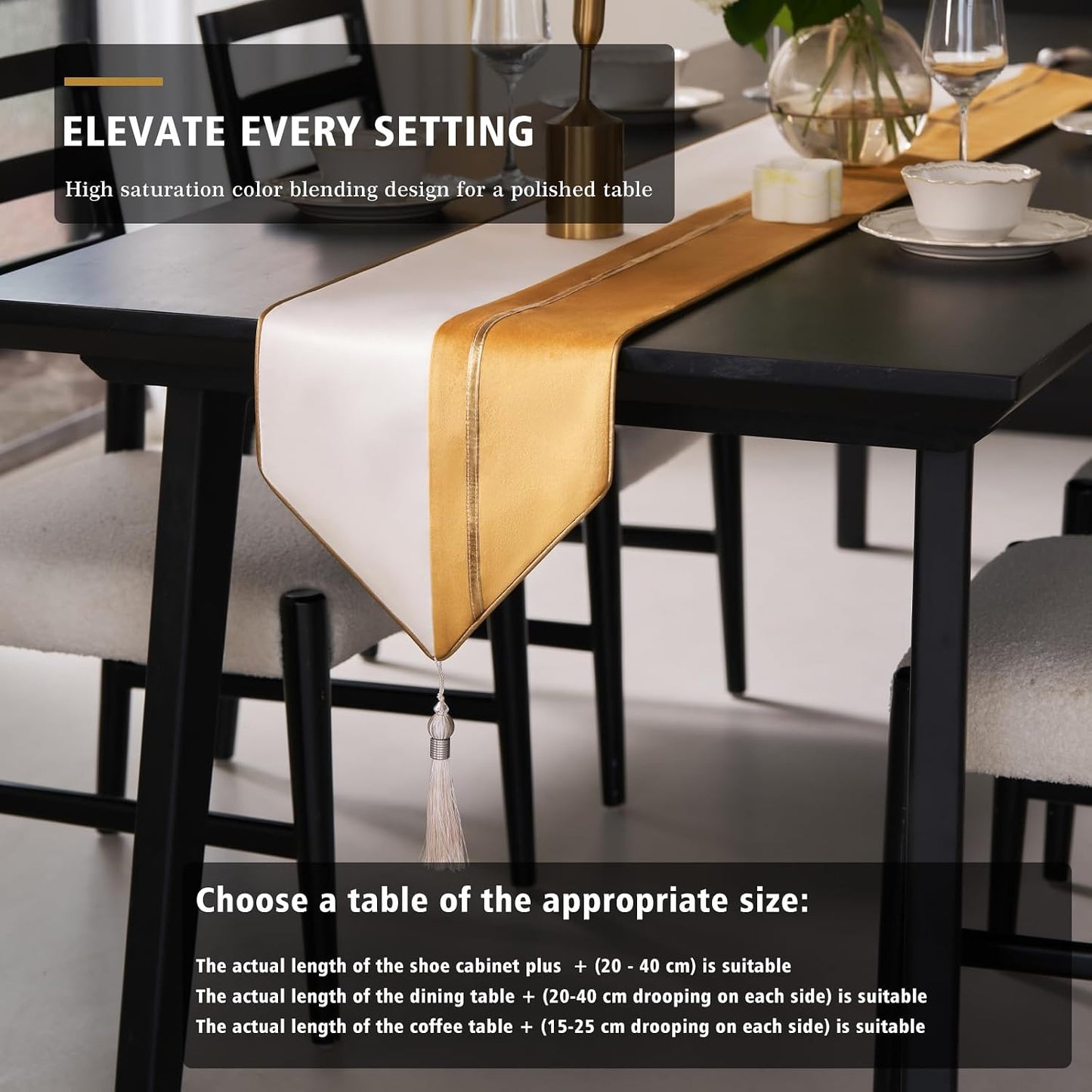 Avigers Table Runner 12 x 78 Inch, Yellow，White, Geometric, Tassels | Faux Silk double-layer accent for dining rooms