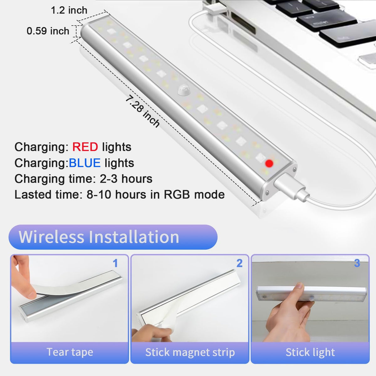 Under Cabinet Lighting,48LED RGB Rechargeable Under Cabinet Lights with Remote,Dimmable & 15 Color Temps,Magnetic