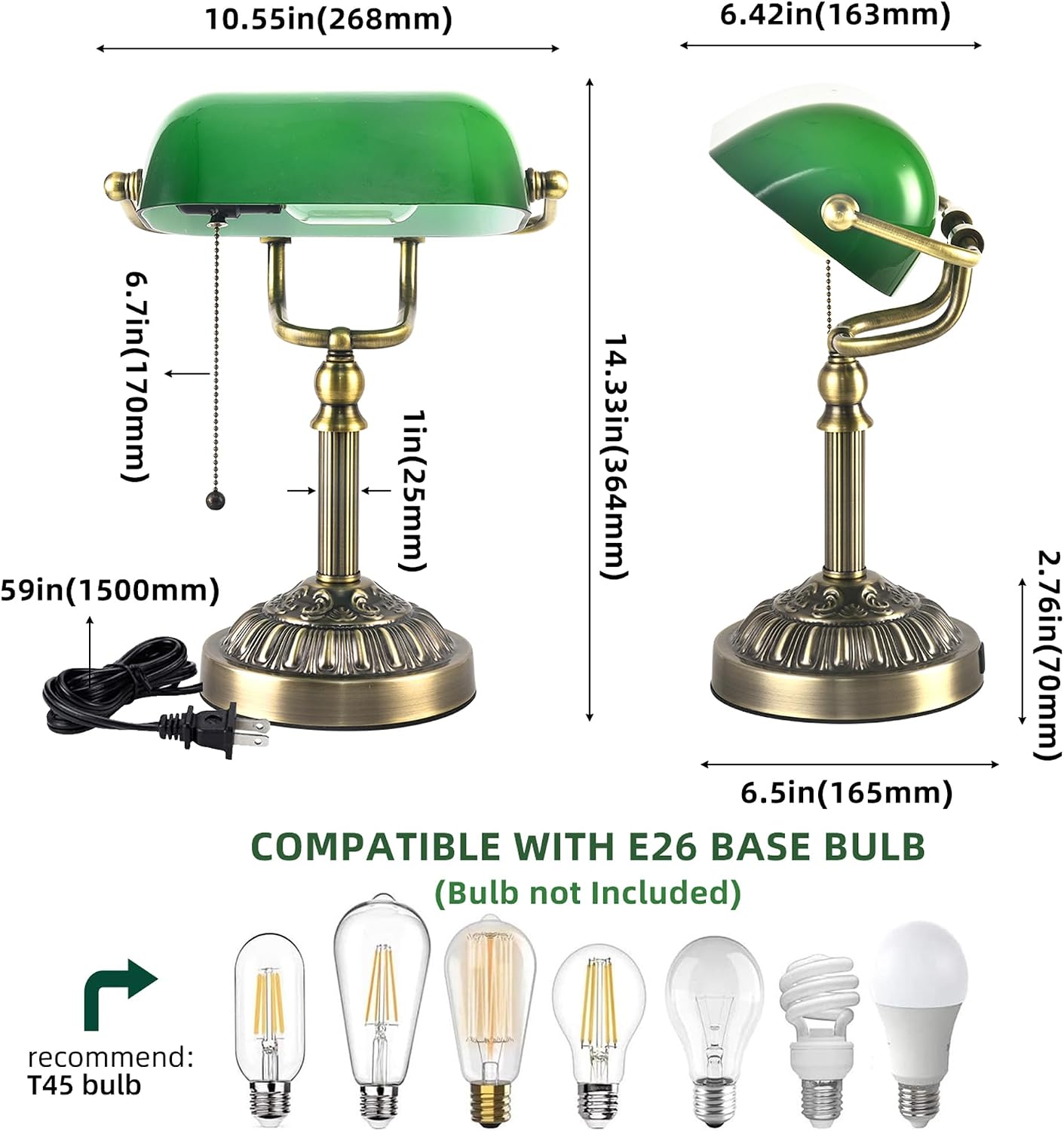 Bankers Desk Lamp with USB-A Charging Port, Vintage Desk Lamps with Pull Chain Green Glass, Antique Brass Banker's Lamp