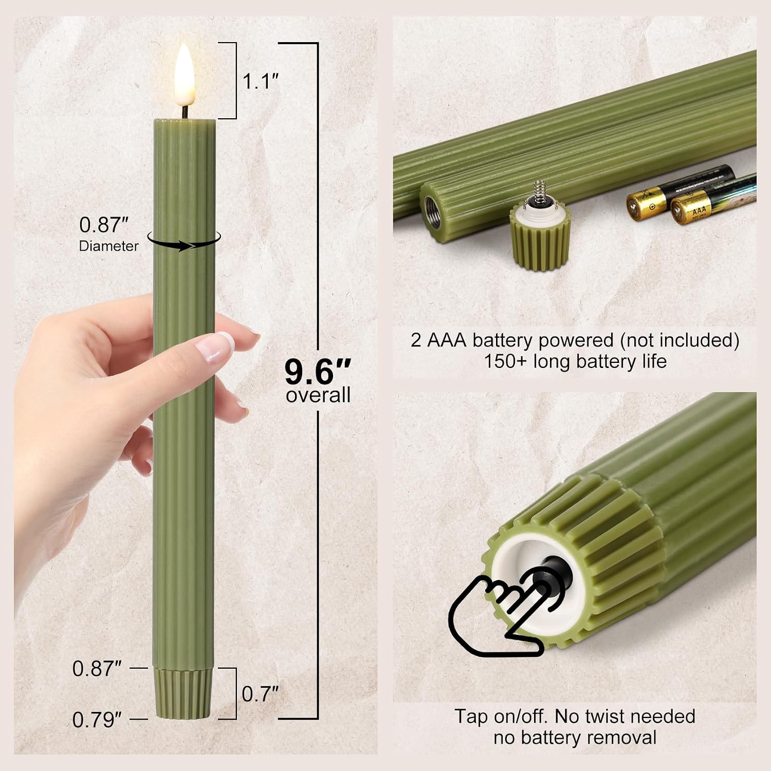 Ribbed Fluted Flameless Taper Candles / Olive Green / Set of 4
