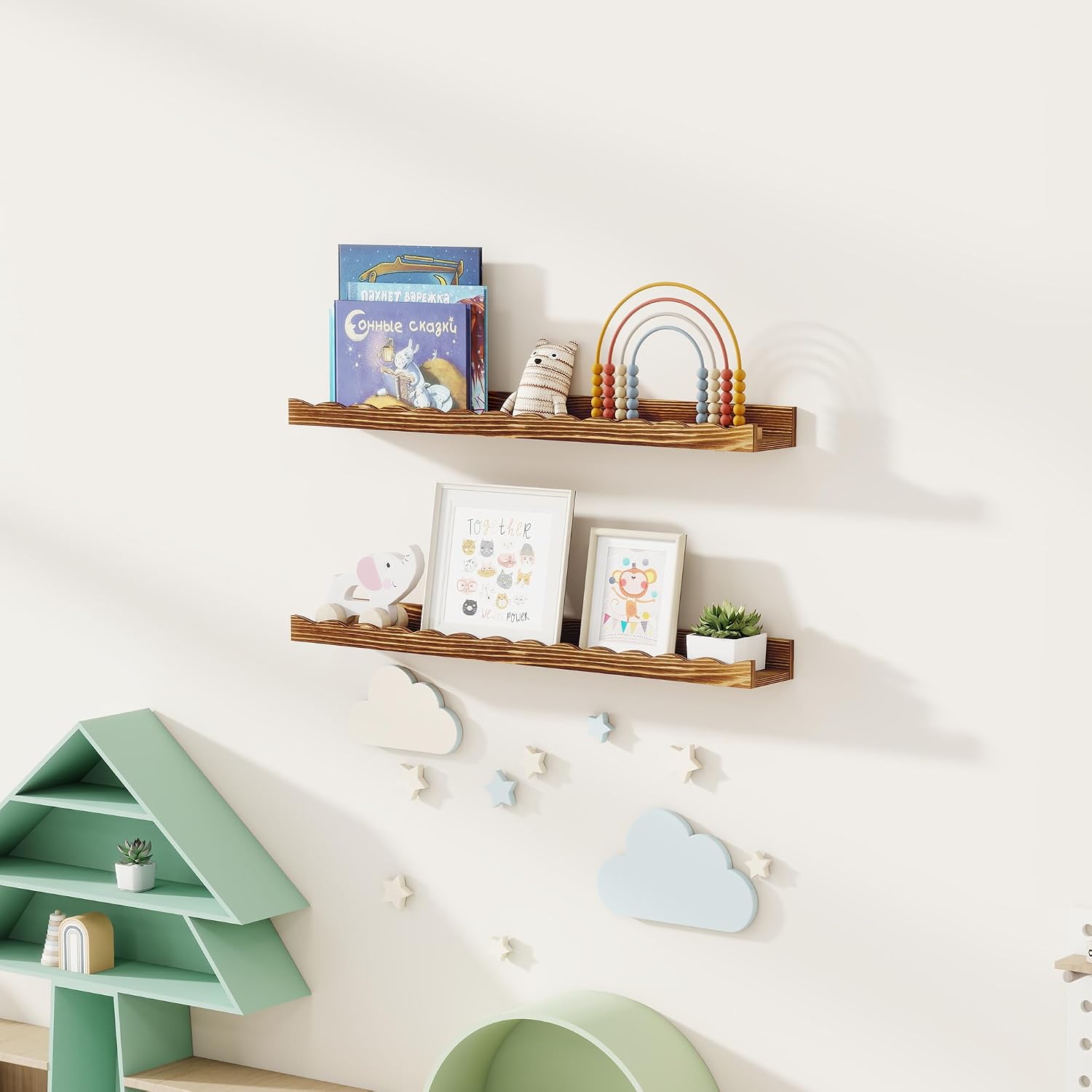 Fun Memories Picture Ledge Shelf for Wall, 24 inch Pine Wood Nursery Book Shelves Set of 2- Wall Book Shelves for Kids