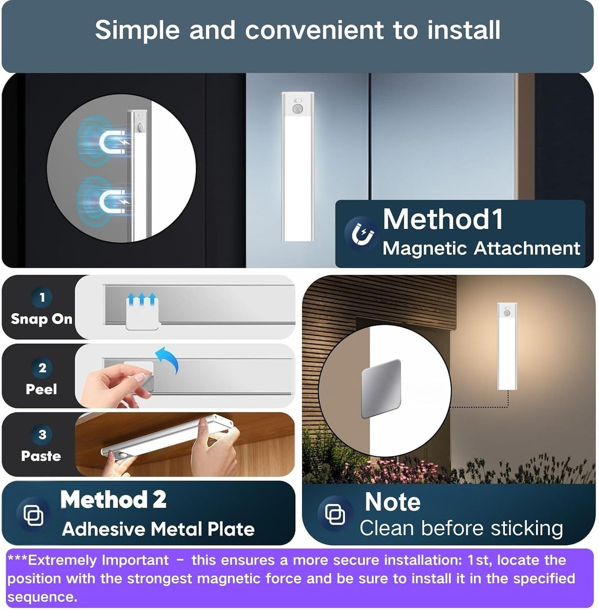 Motion Sensor Under Cabinet Lighting-Magnetic Rechargeable Closet Lights for Kitchen,Stairs,Wardrobe | 3-Color Dimmable