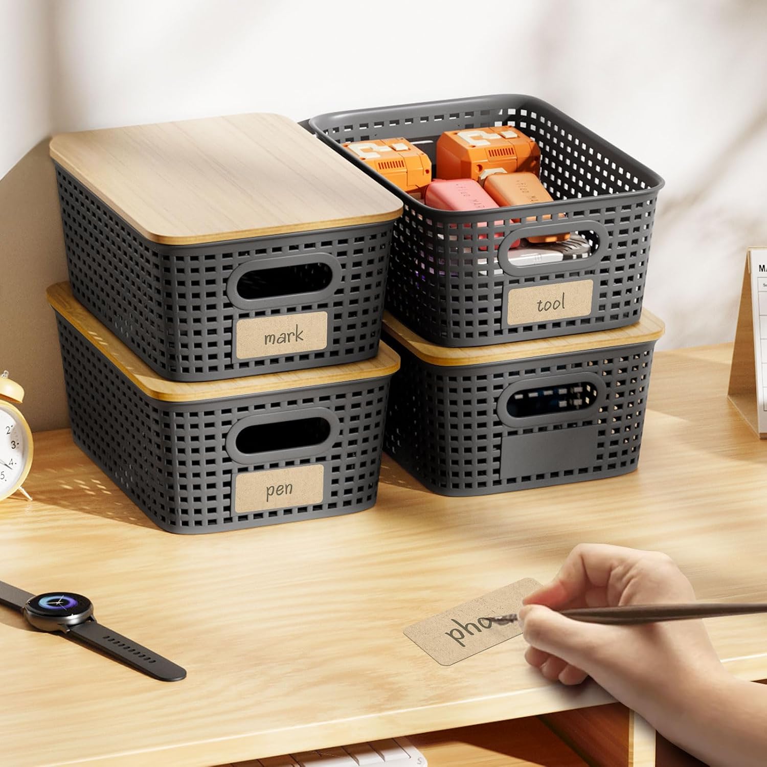 Storage Bins / Stackable Plastic Storage Basket / Gray / Set of 6