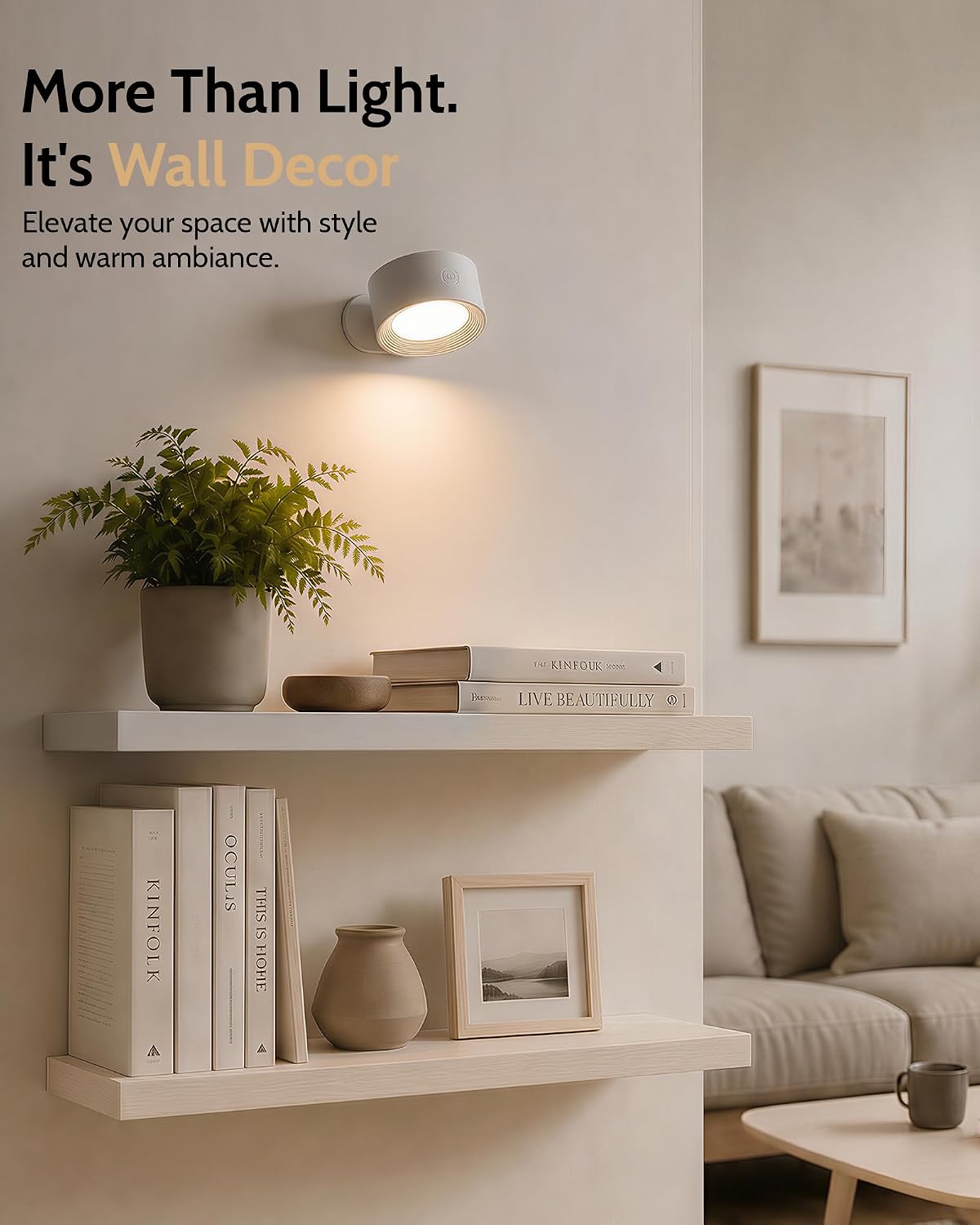LED Wall Mounted Lights, Rechargeable Wall Sconces, 3 Color Temps, Remote & Touch, 360° Rotating and Dimmable for