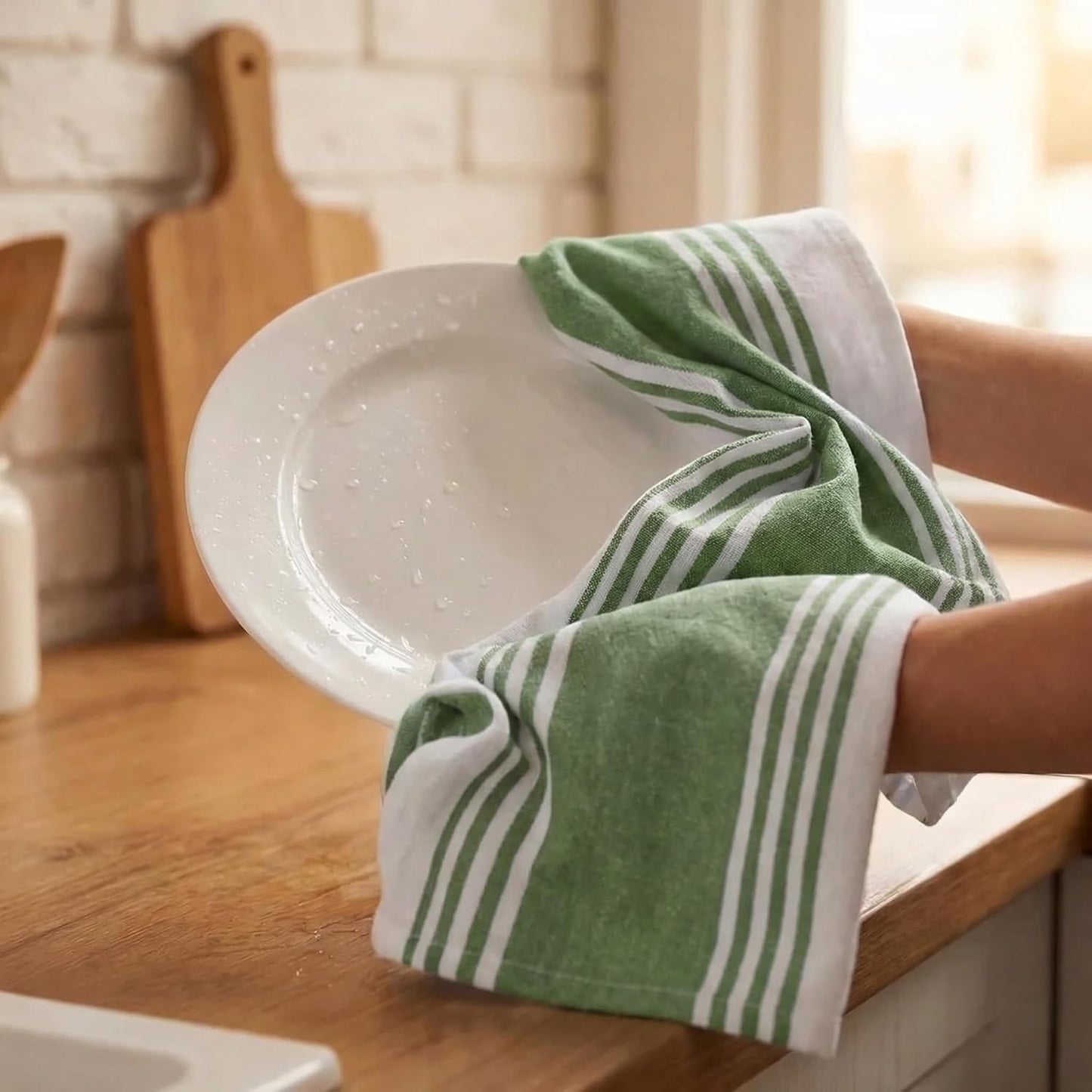 Urban Villa Kitchen Towels Cotton Dish Towels 20”x30” (Set of 6) Green Wht