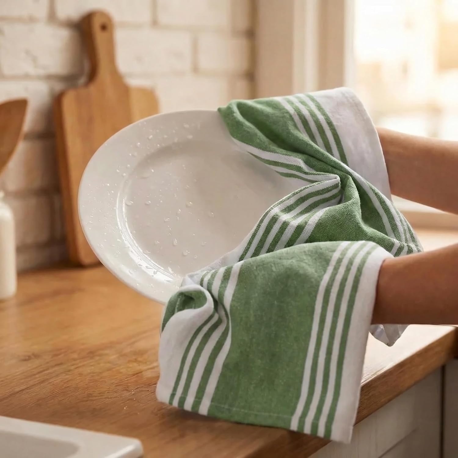 Urban Villa Kitchen Towels Cotton Dish Towels 20”x30” (Set of 6) Green Wht