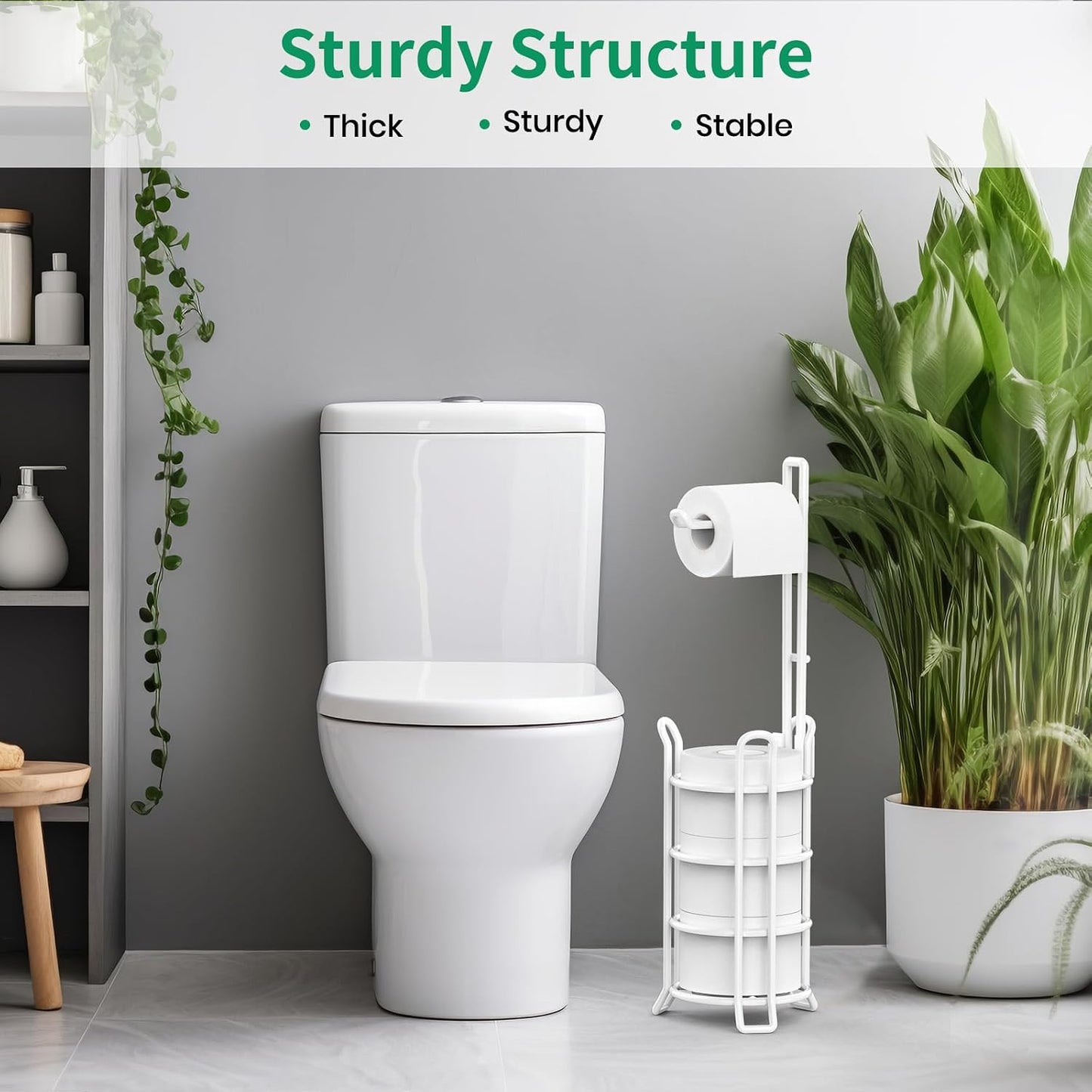 TomCare Toilet Paper Holder Stand Free Standing, Holds 4 Mega Rolls, White | Tool-Free Assembly, Detachable Metal Wire