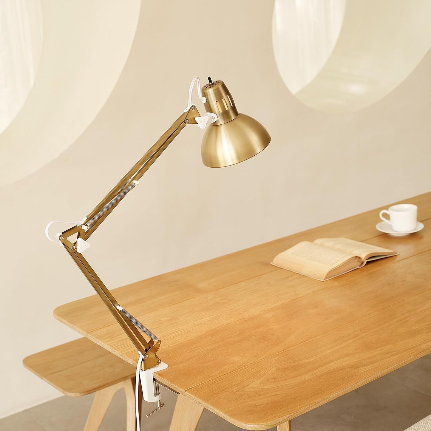 Globe Electric 62000010 32" Multi-Joint Desk Lamp with Metal Clamp, Matte Brass, White Accents, On/Off Rotary Switch on