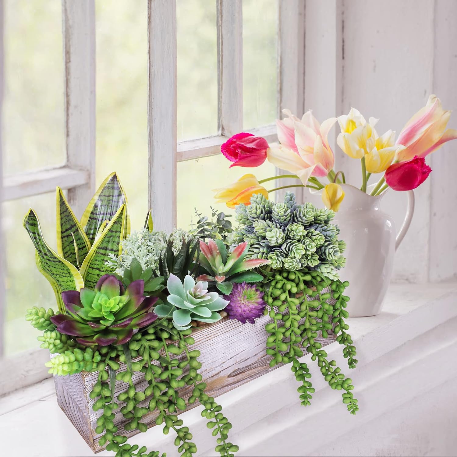 Assorted Artificial Succulents Fake Plants in Rectangular Wooden Pots Artificial Potted / Set of 14