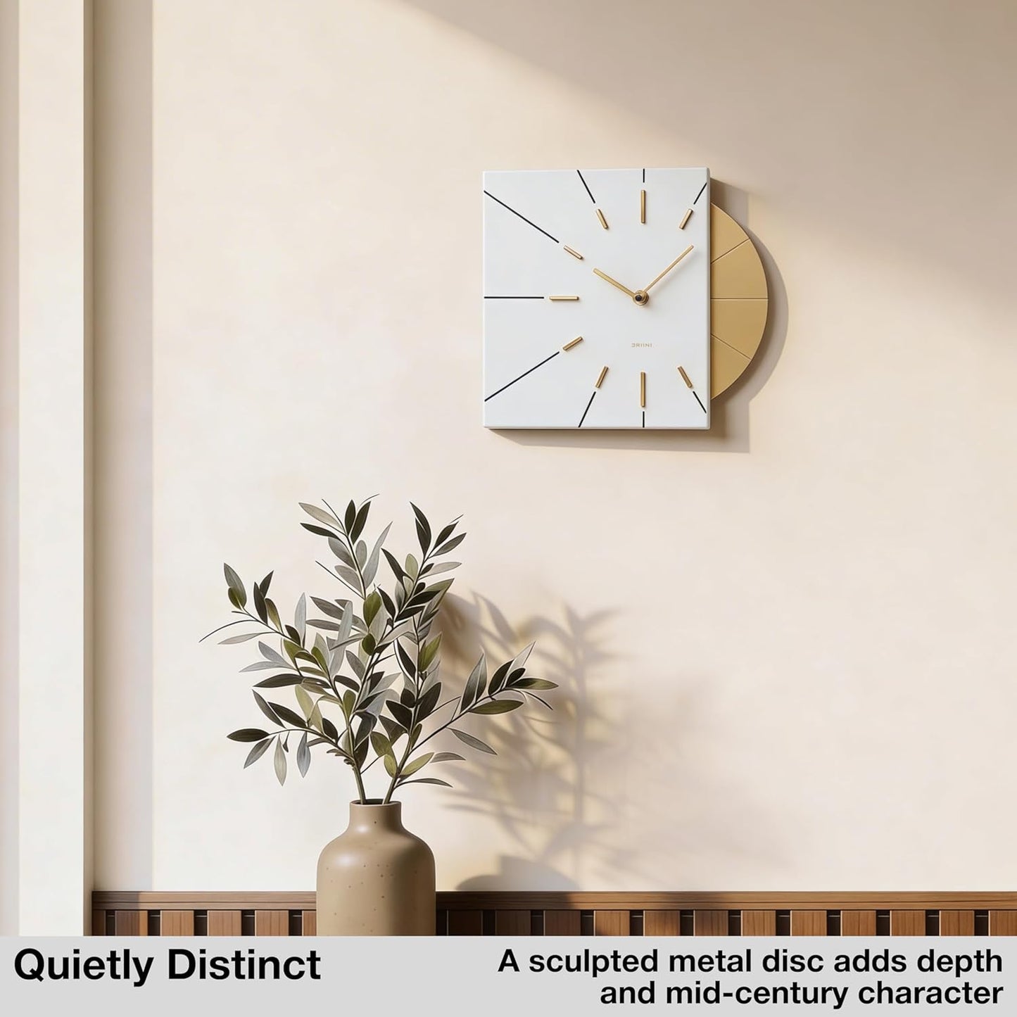 Driini Clocks Mid Century Modern Wall Clock - Square White Clock with Decorative Gold Accent- Unique and Cool Clock