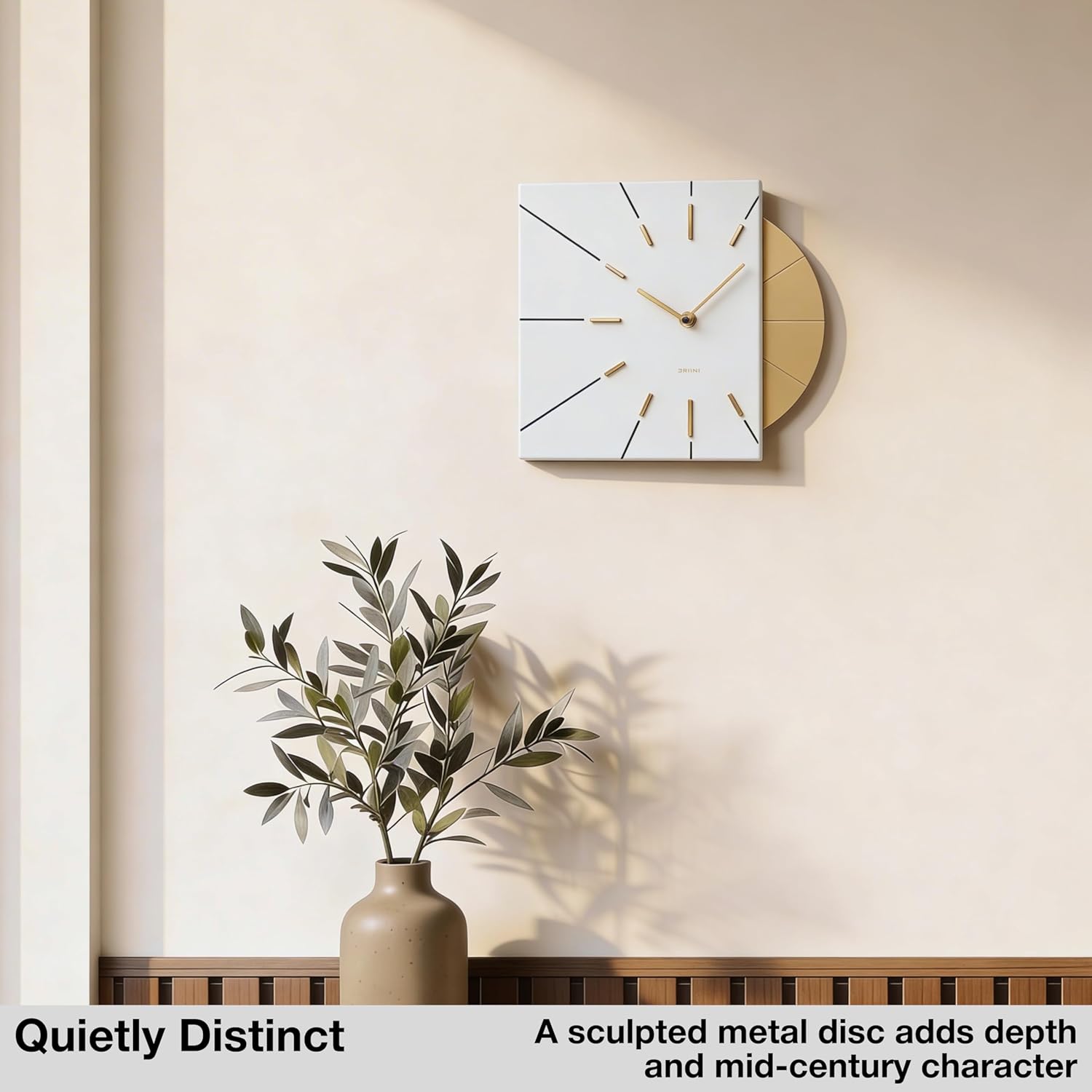 Driini Clocks Mid Century Modern Wall Clock - Square White Clock with Decorative Gold Accent- Unique and Cool Clock