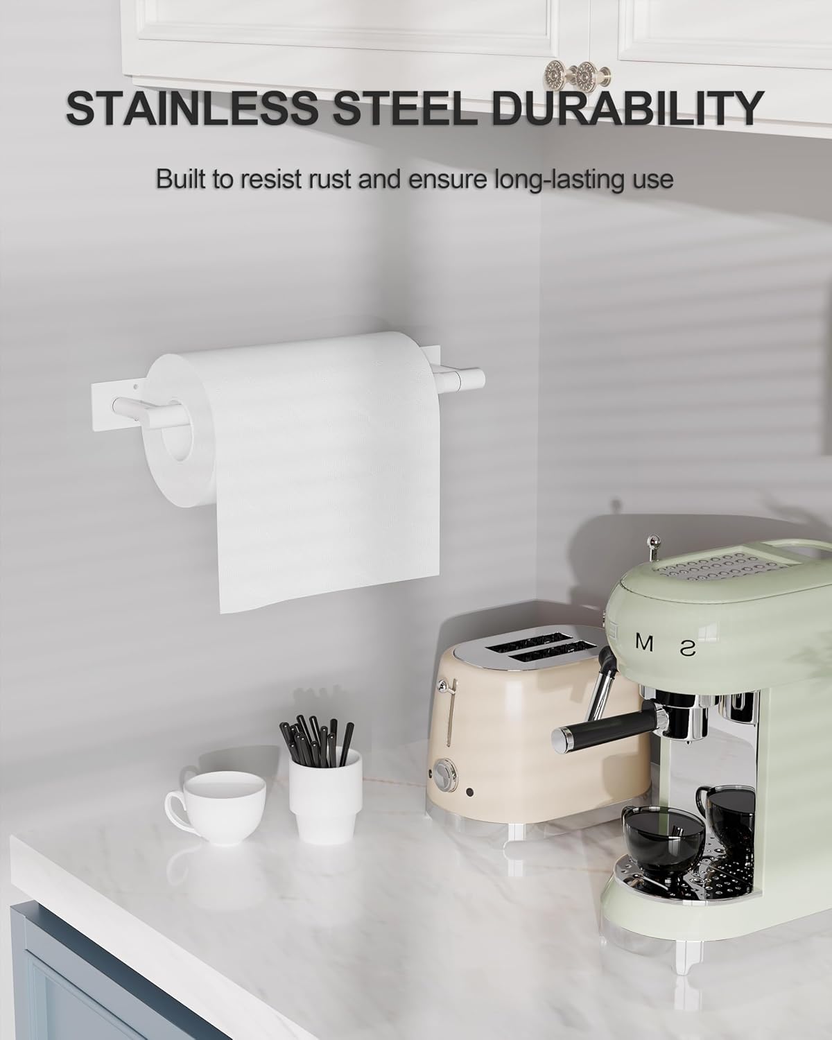 White Paper Towel Holder Under Cabinet Self Adhesive or Wall Mount | 304 Stainless Steel Post Pivoting Design No