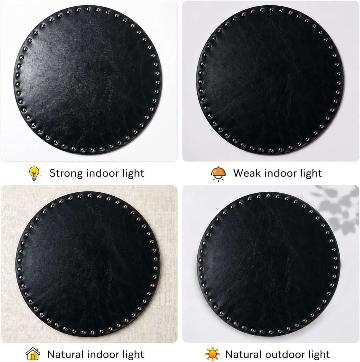 FAVE Black Faux Leather Placemats 13.78 Inches Round Placemat Set of 4 | Heat Resistant Place Mats with Rivets Placemat