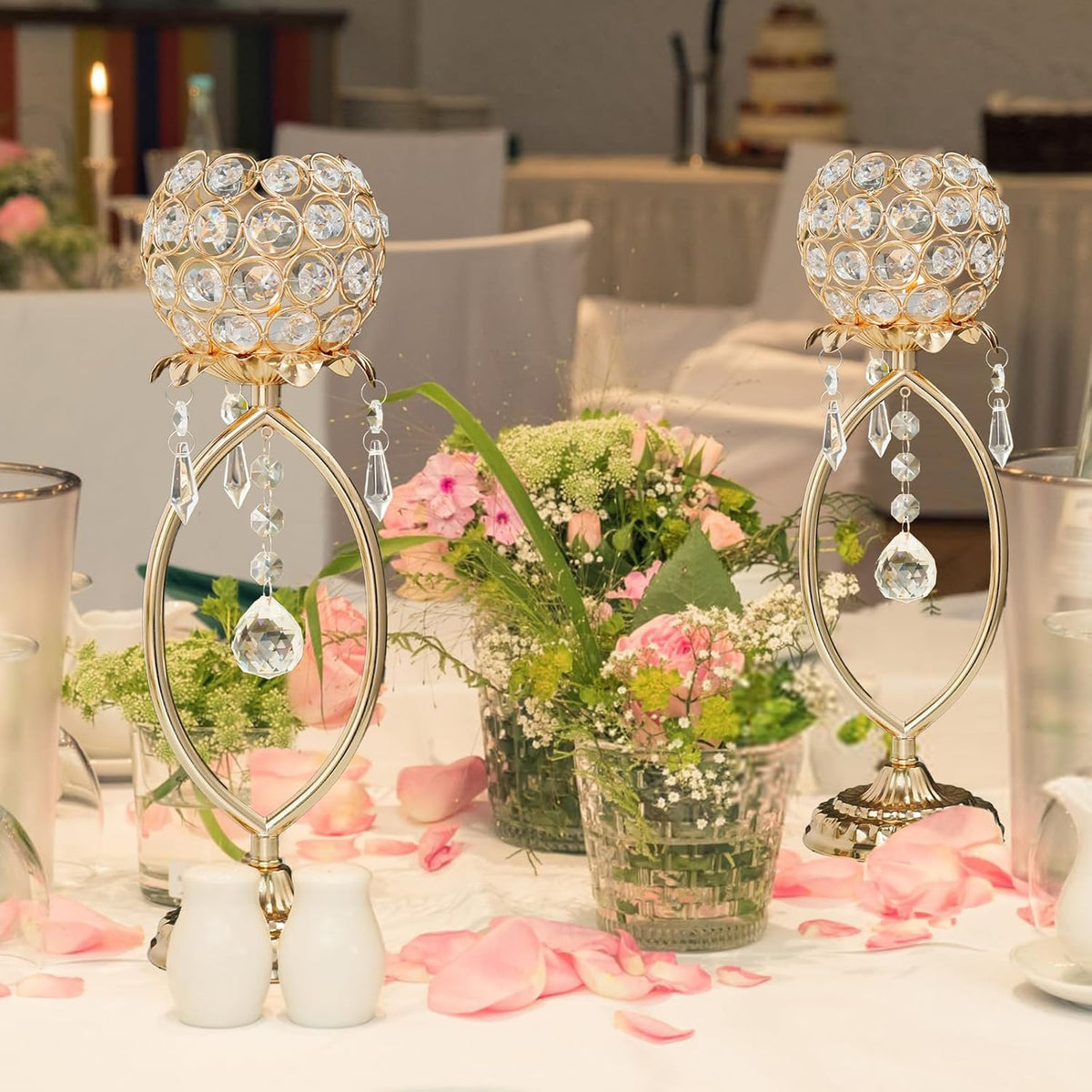 6 Pcs Gold Elegant Metal Crystal Tea Light Candle Holders with Crystal Pendants, Hollow Design - Wedding Table