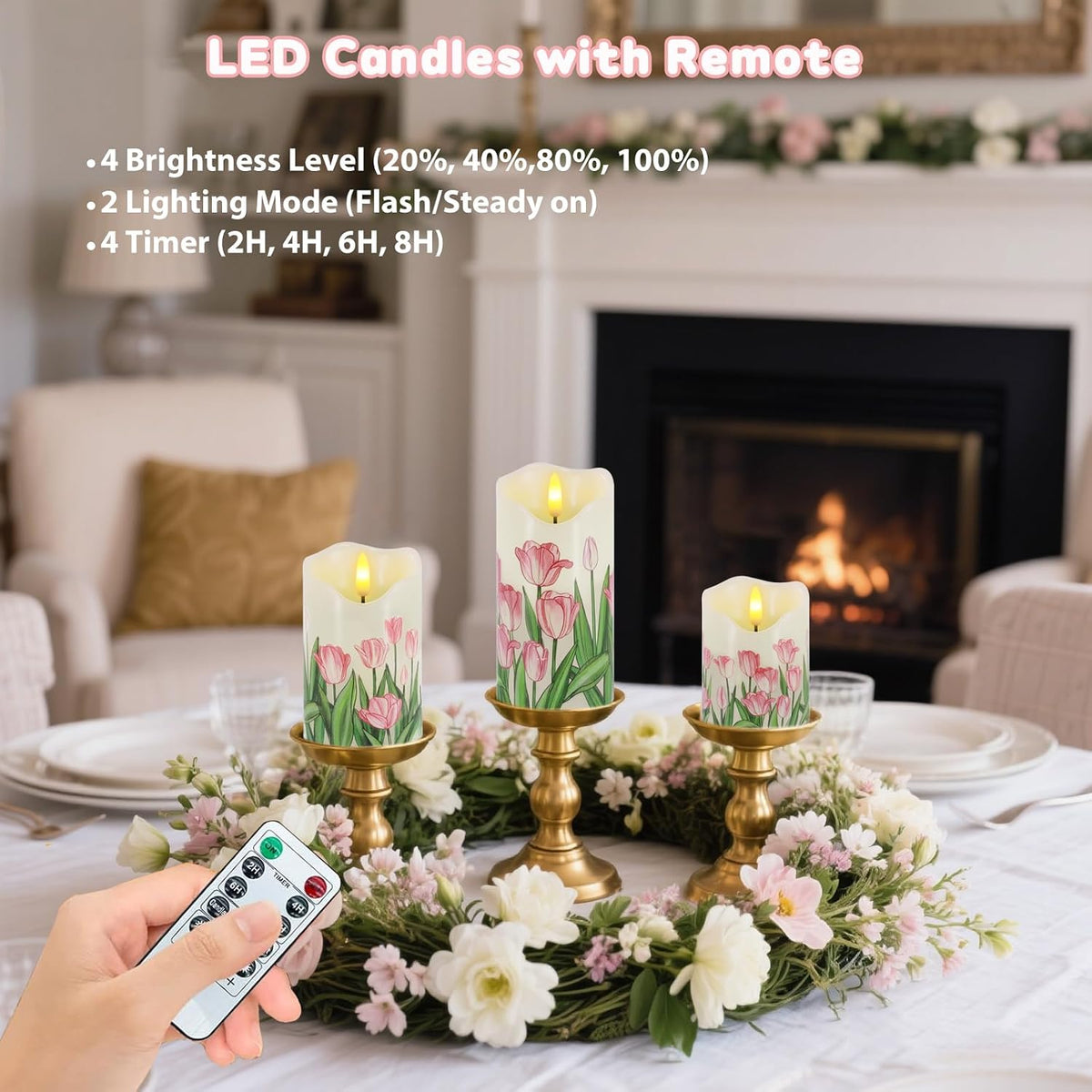 Tulip Flameless Candles Set of 3, Spring LED Candles with Remote & Timer | Flickering Real Wax Pillar Candles Battery