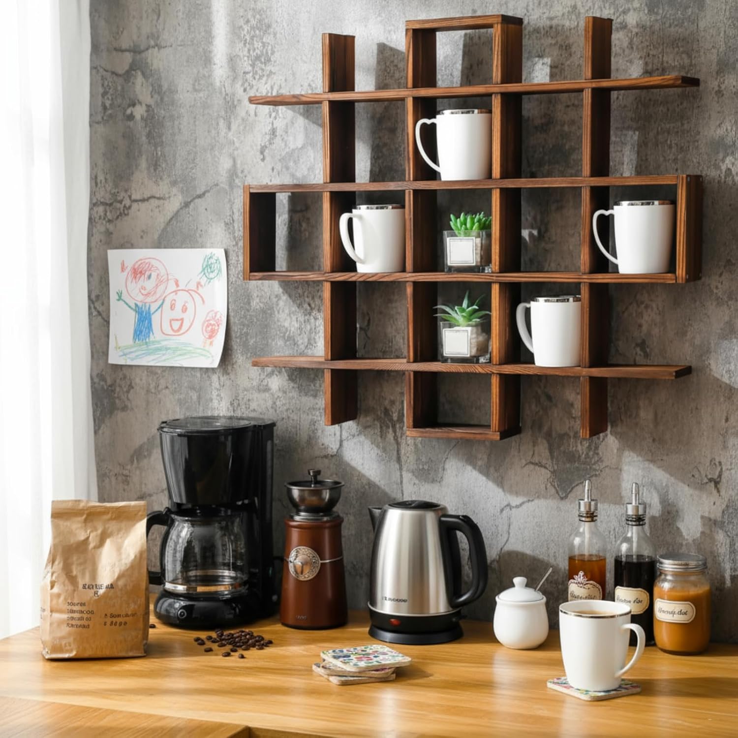 Suzile Mug Display Shelf Wall Mounted,Grid Size 5.1x5.1x3in,Rustic Brown | Rustic Wood Floating Shadow Box for Coffee