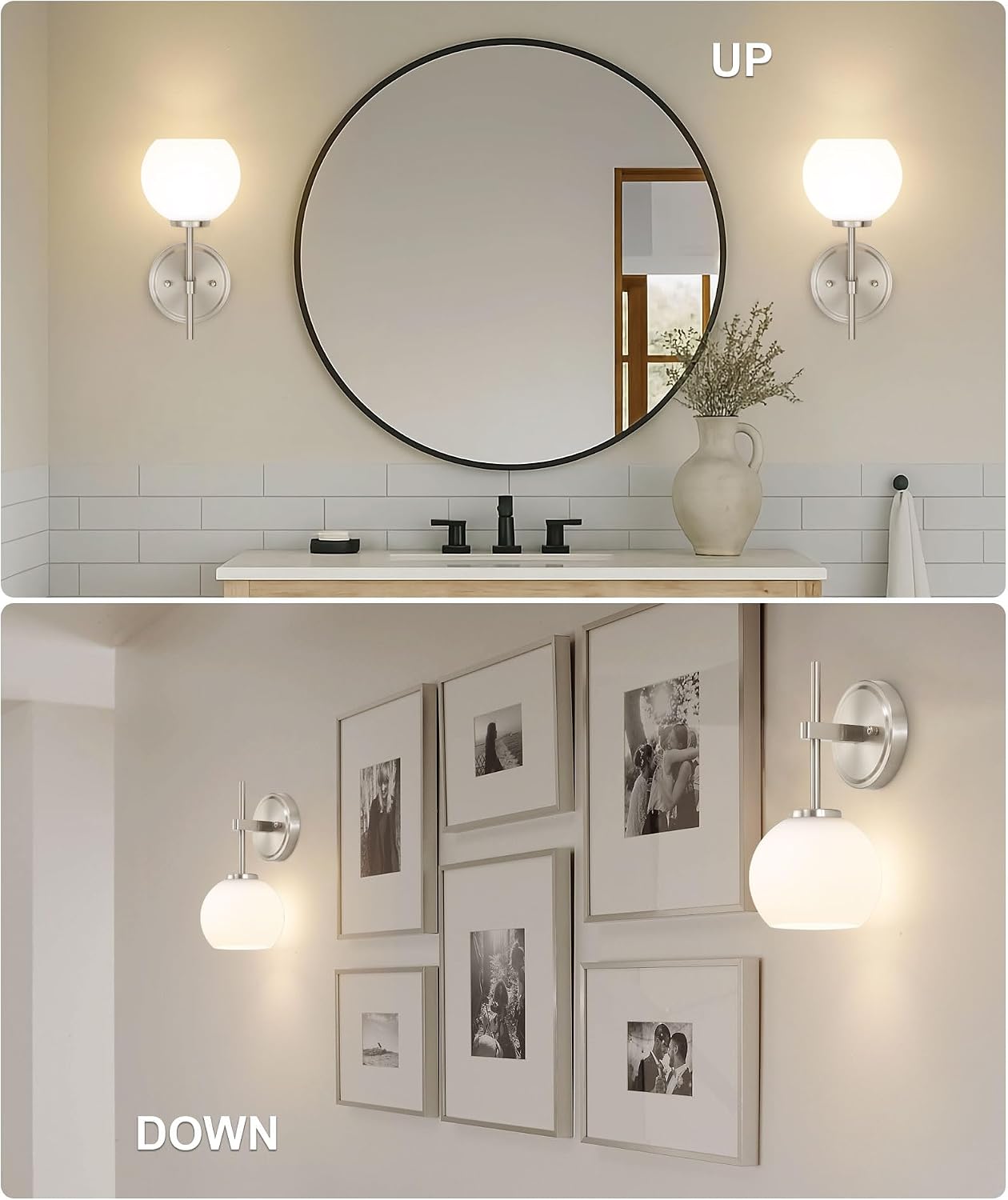 Brushed Nickel Battery Operated Wall Sconce Set of 2, Wireless Rechargeable Sconces Wall Lighting with Remote Control