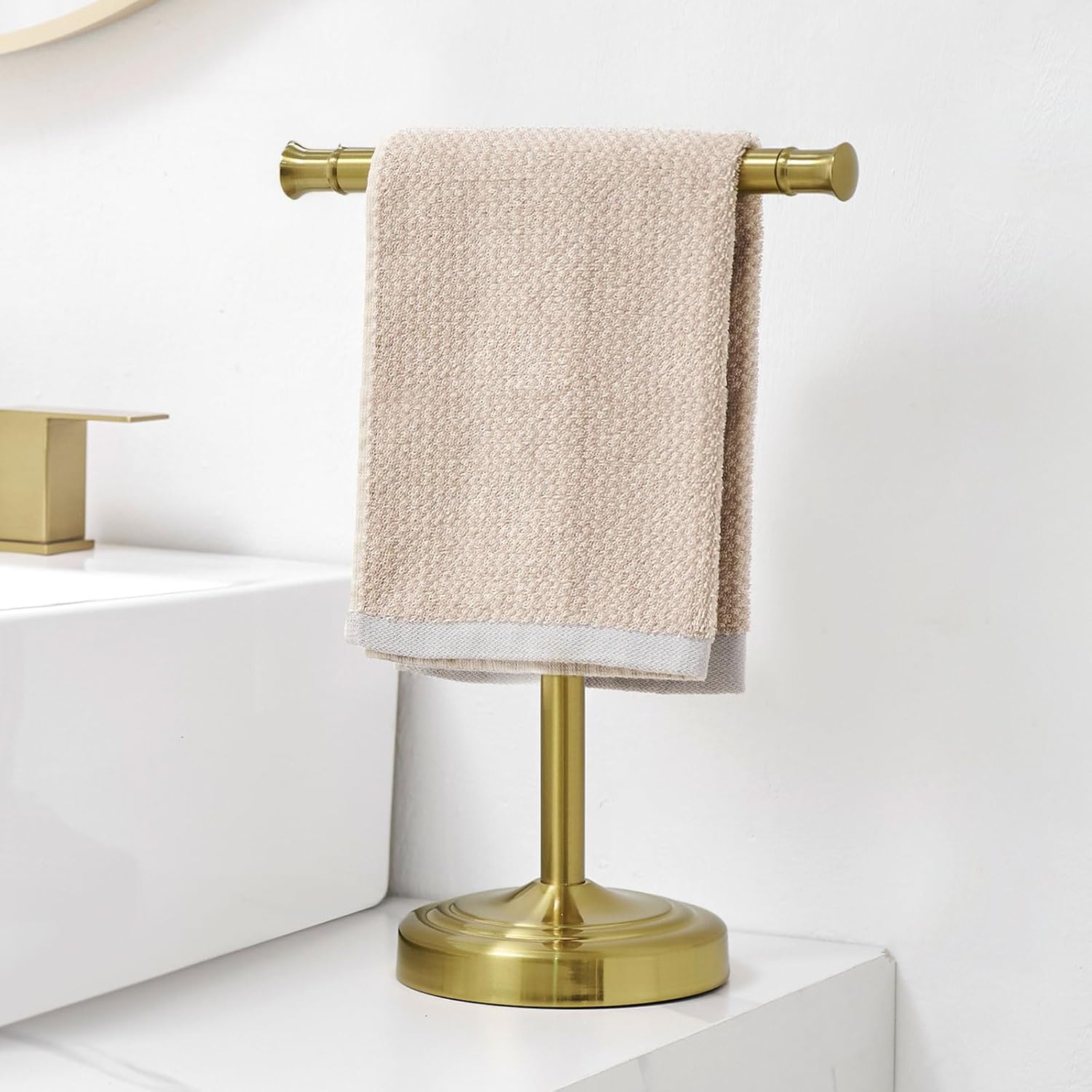 RUMOSE Brushed Gold Hand Towel Holder Stand Countertop Towel Rack | 13 Inch Bathroom Kitchen Vanity T-Shape Towel Stand