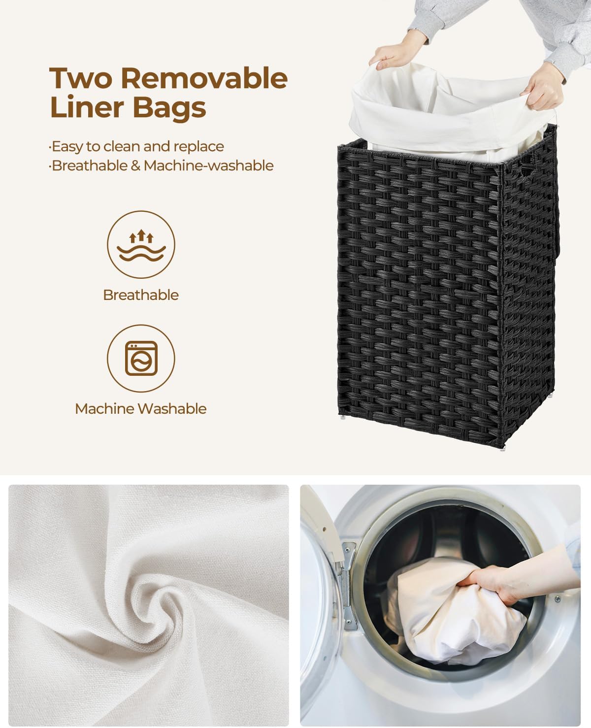2 Removable Liner Bags & 2 Mesh Bags / Black / 13.4 x 13.4 x 21.7 / 60L
