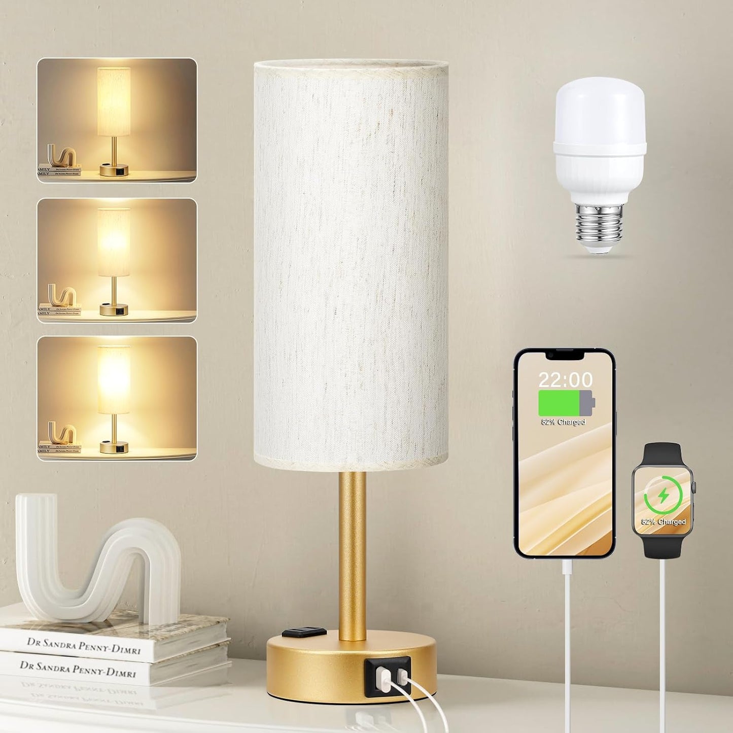 Fenmzee Gold Bedside Lamp for Bedroom, Dimmable Touch, USB A+C, AC Outlet