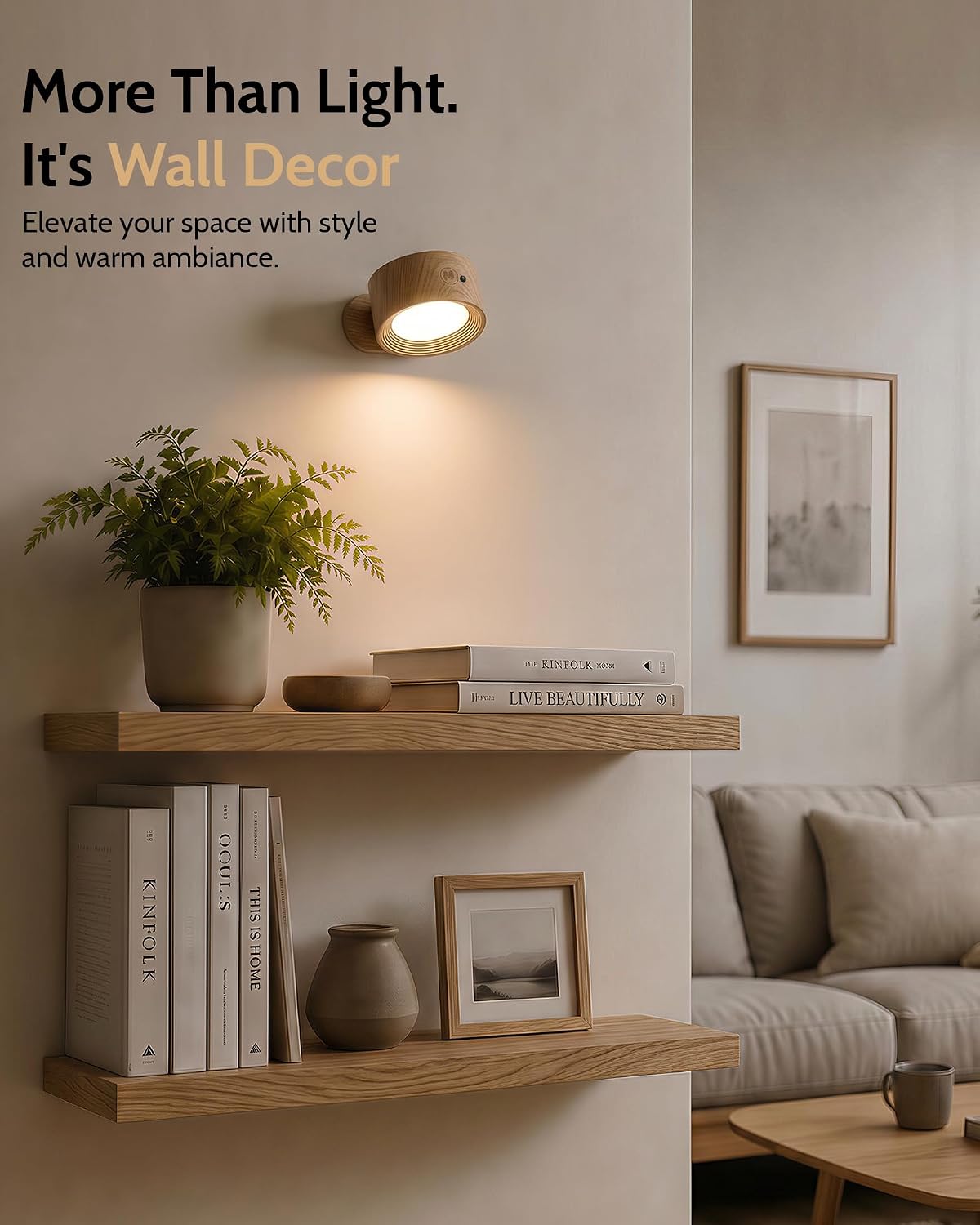 LED Wall Mounted Lights, Rechargeable Wall Sconces, 3 Color Temps, Remote & Touch, 360° Rotating and Dimmable for