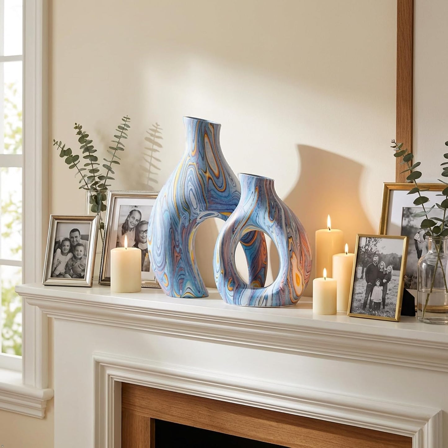 Ceramic Vases / Handcrafted Water-Transfer Flower Vase Set / Ocean Donut / Blue / Set of 2